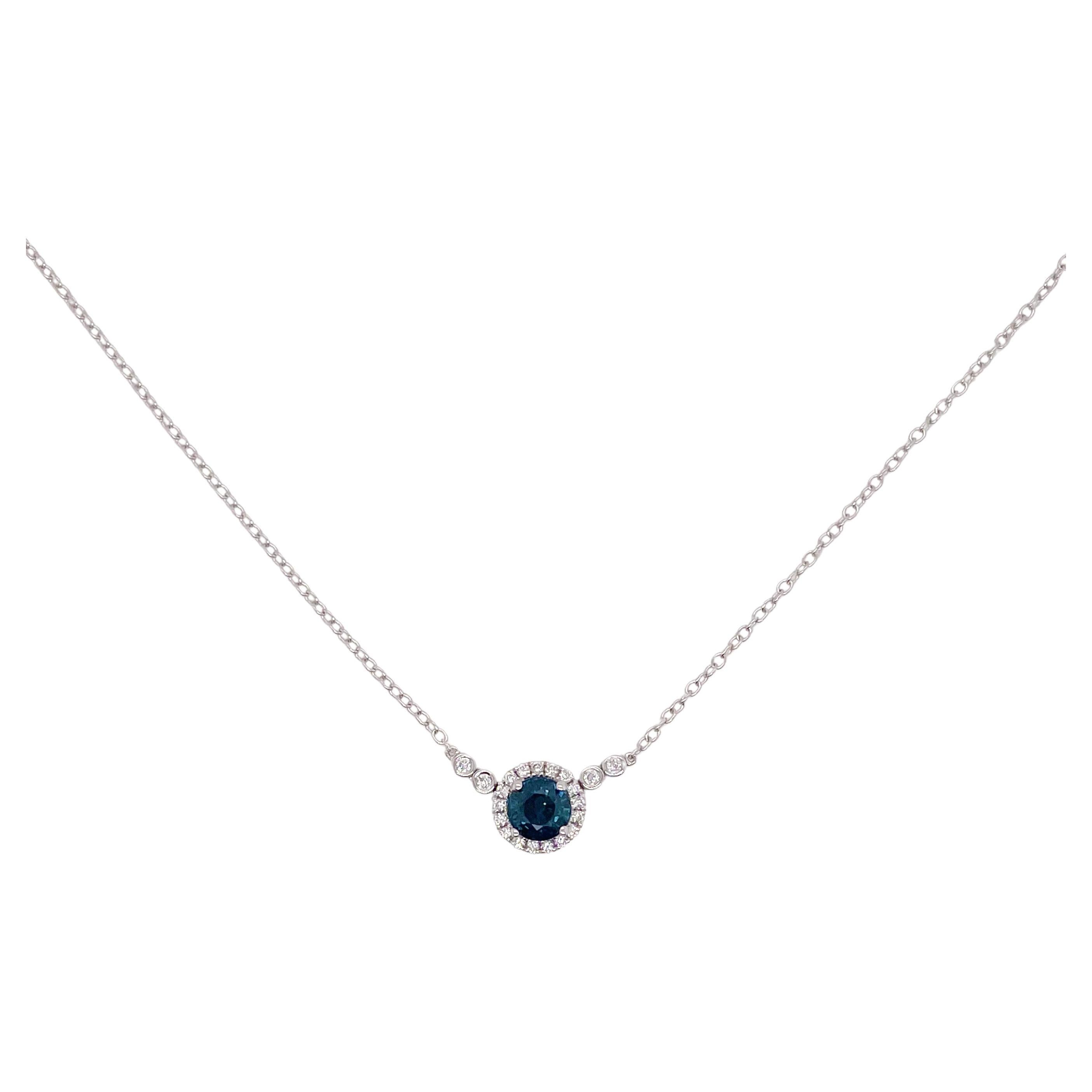 Diamond Sapphire Pendant Necklace, White Gold, Round Sapphire and Diamond Halo