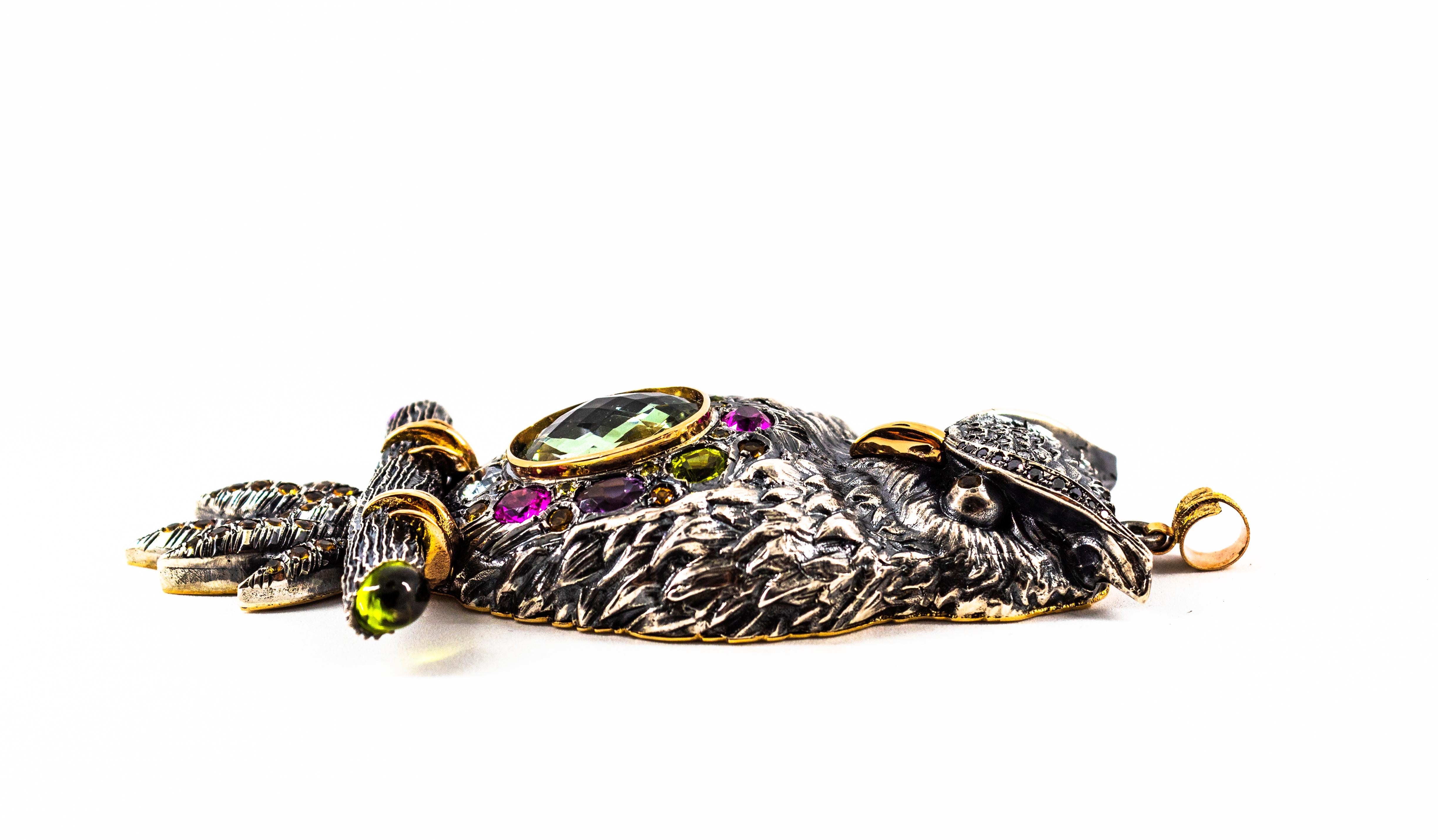 Diamond Sapphire Peridot Tourmaline Aquamarine Yellow Gold Owl Pendant Necklace 5