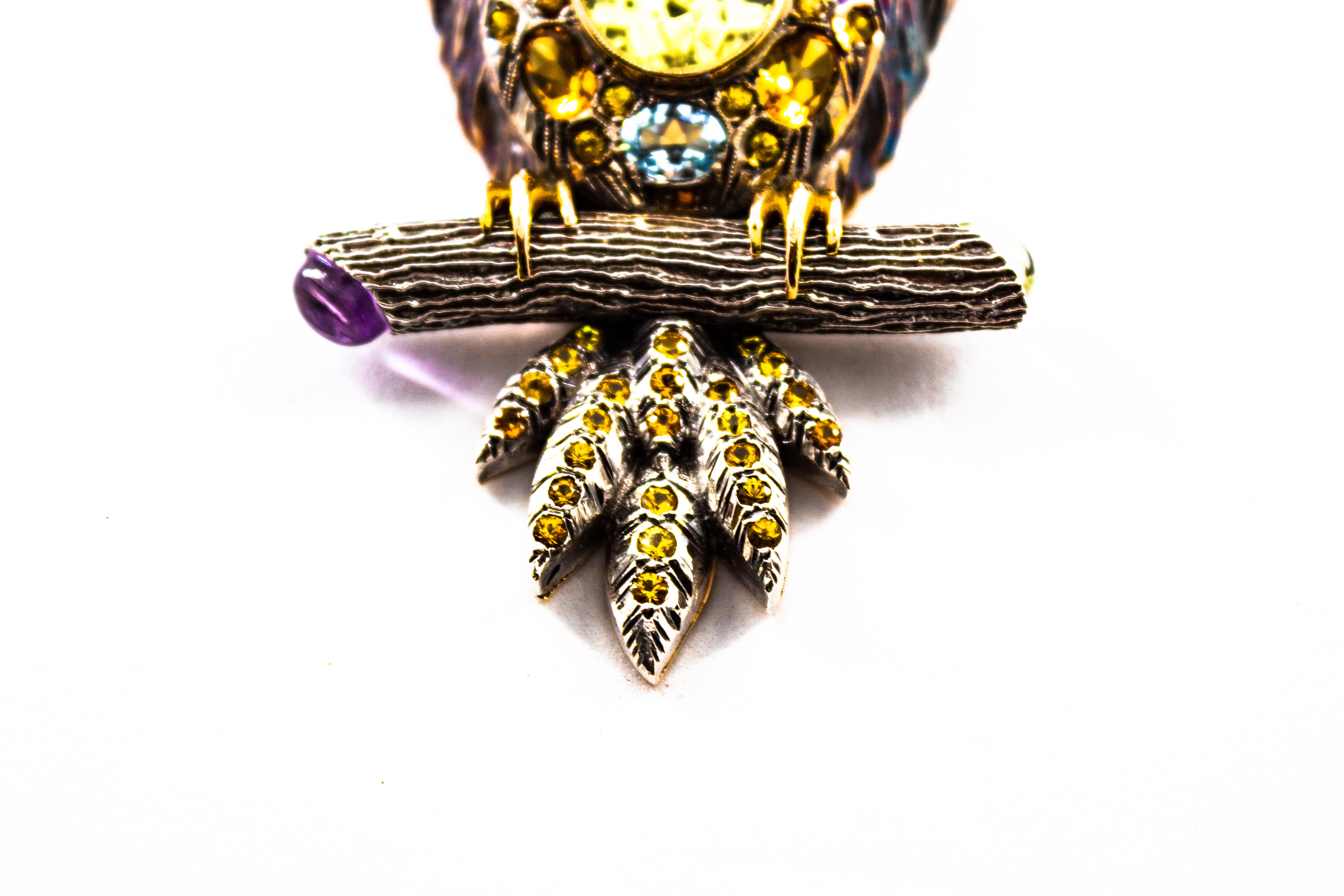 Diamond Sapphire Peridot Tourmaline Aquamarine Yellow Gold Owl Pendant Necklace 6
