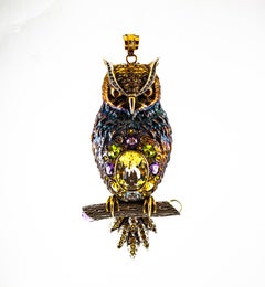 Diamond Sapphire Peridot Tourmaline Aquamarine Yellow Gold Owl Pendant Necklace