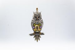 Diamond Sapphire Peridot Tourmaline Aquamarine Yellow Gold Owl Pendant Necklace