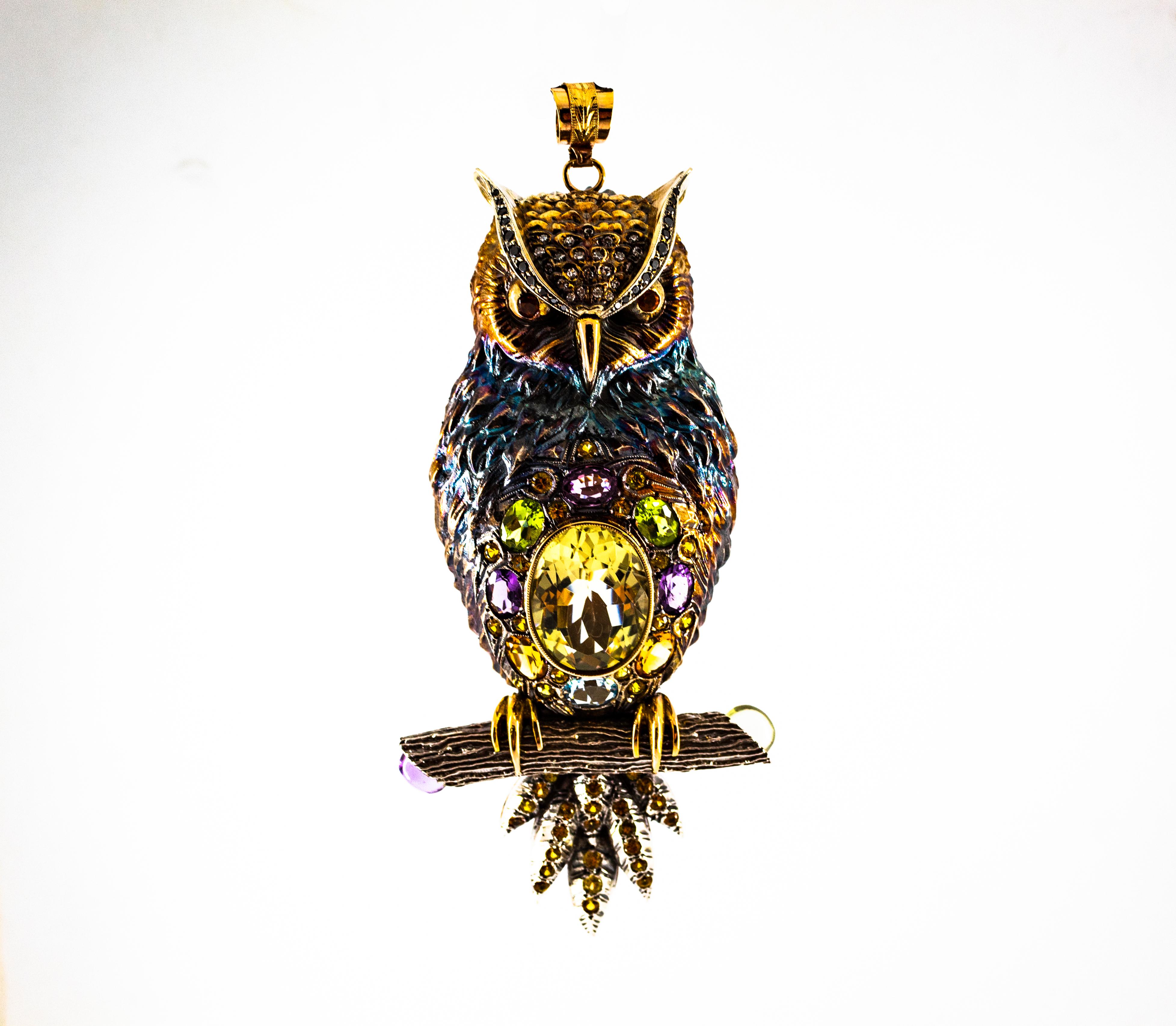 Art Nouveau Diamond Sapphire Peridot Tourmaline Aquamarine Yellow Gold Owl Pendant Necklace
