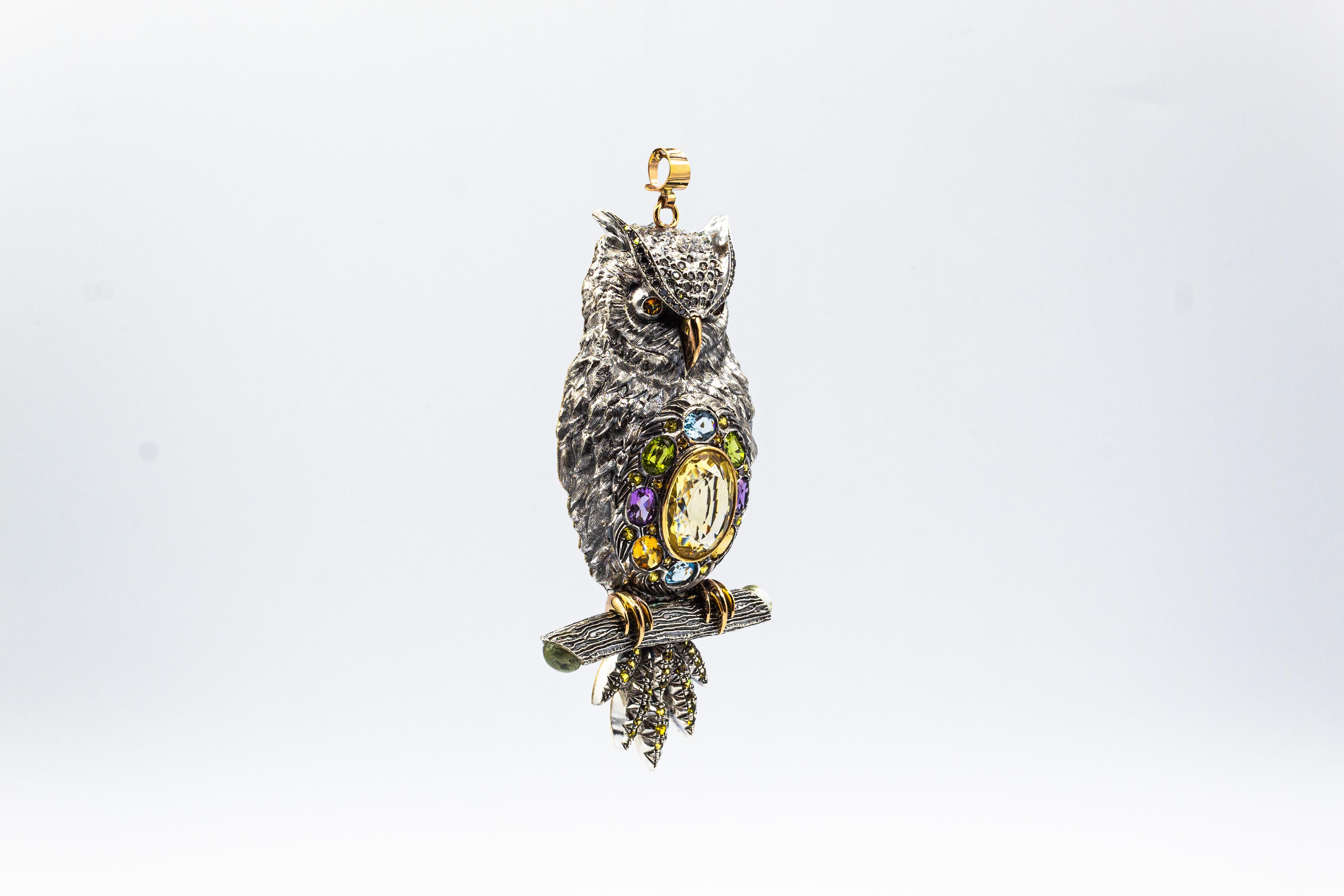 Art Nouveau Diamond Sapphire Peridot Tourmaline Aquamarine Yellow Gold Owl Pendant Necklace For Sale