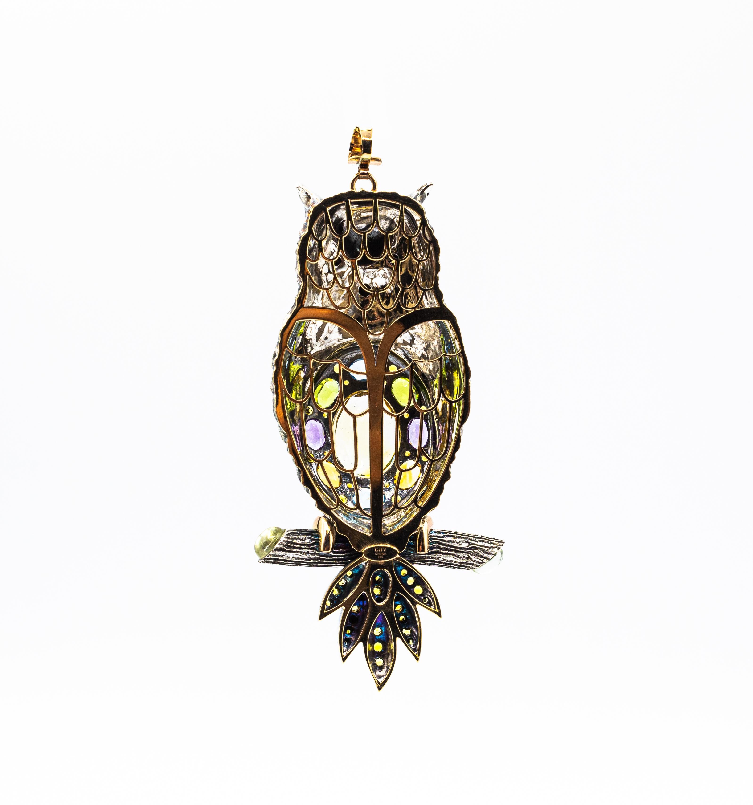 Mixed Cut Diamond Sapphire Peridot Tourmaline Aquamarine Yellow Gold Owl Pendant Necklace For Sale
