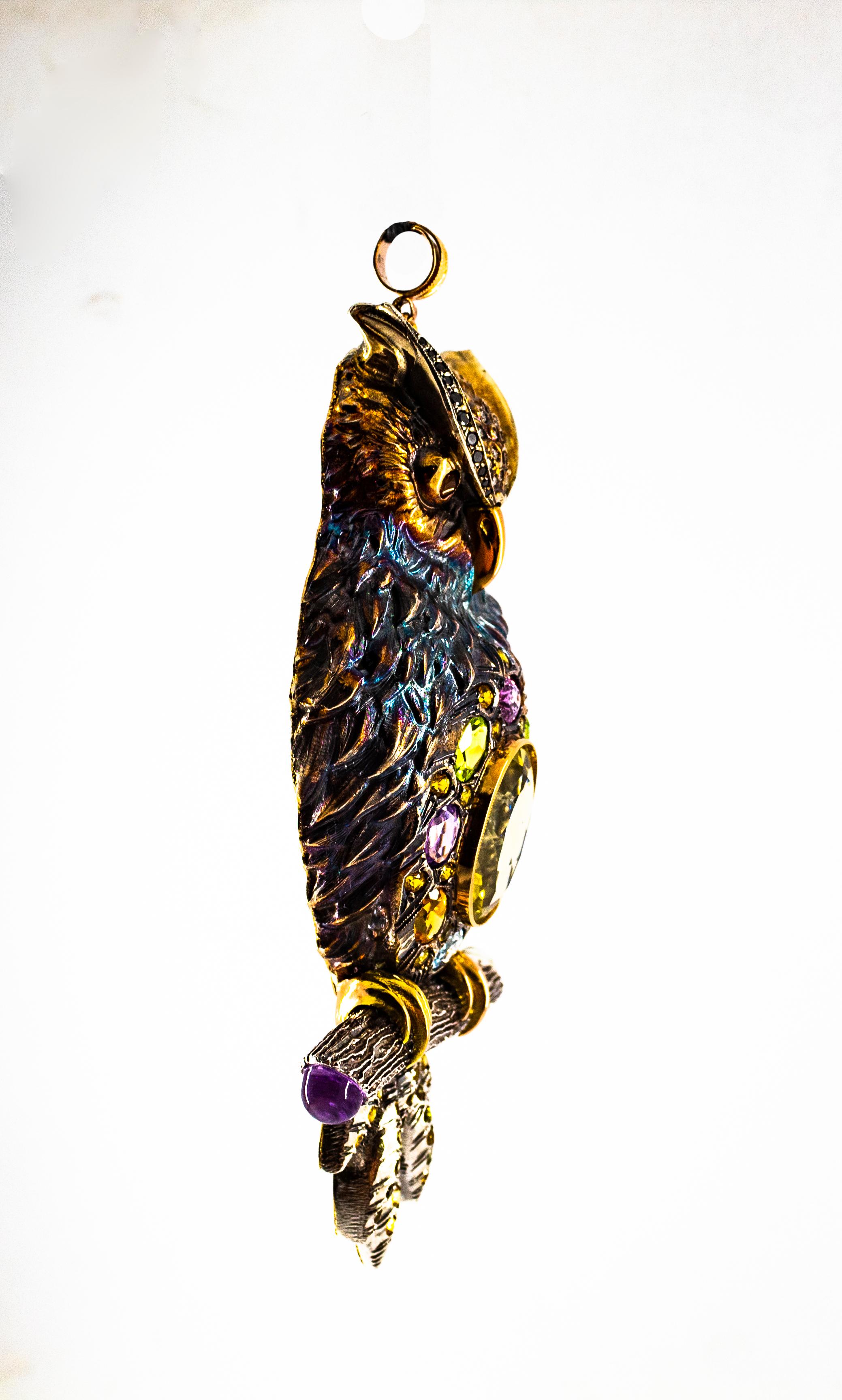 Diamond Sapphire Peridot Tourmaline Aquamarine Yellow Gold Owl Pendant Necklace In New Condition In Naples, IT