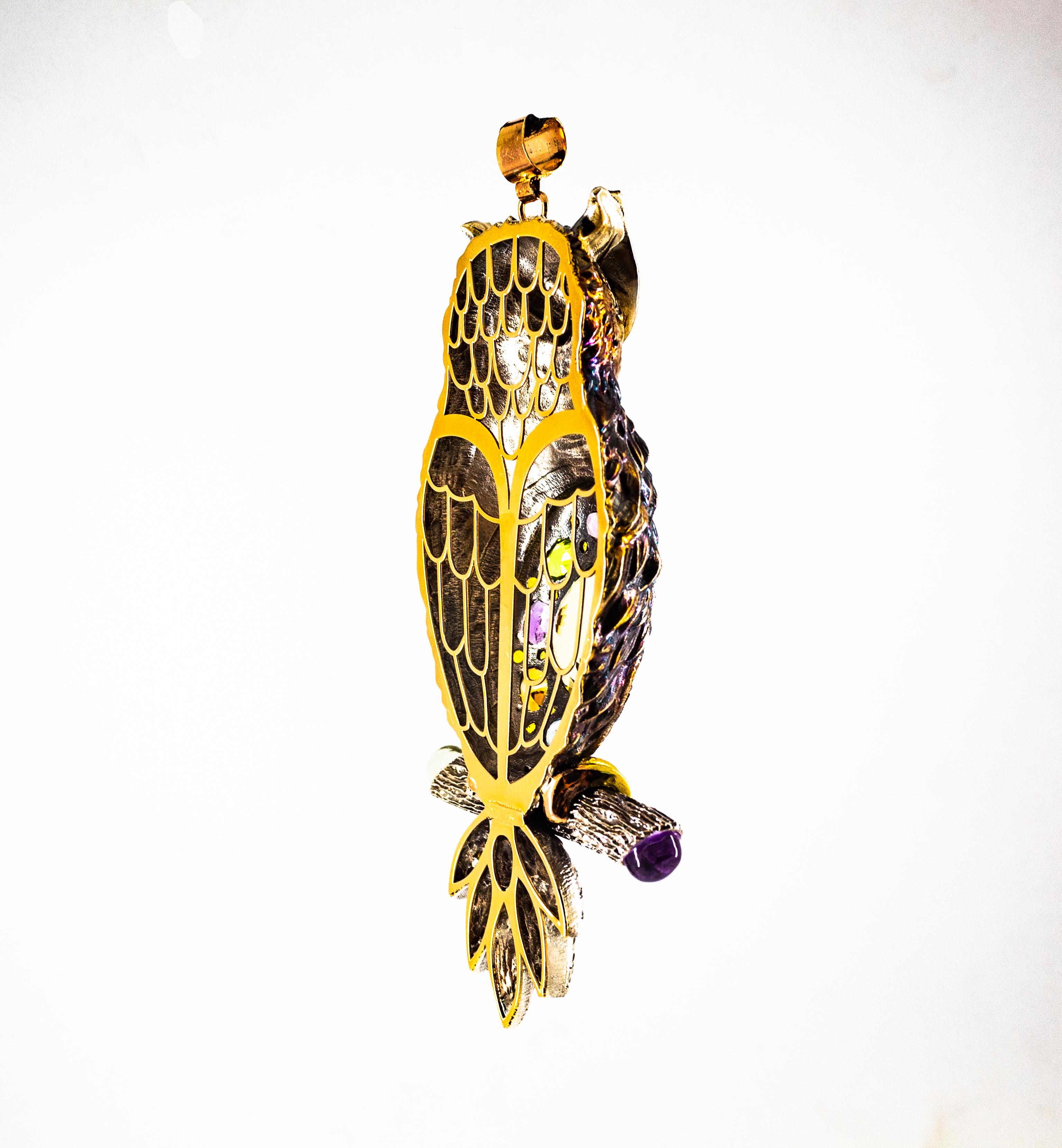 Diamond Sapphire Peridot Tourmaline Aquamarine Yellow Gold Owl Pendant Necklace In New Condition In Naples, IT