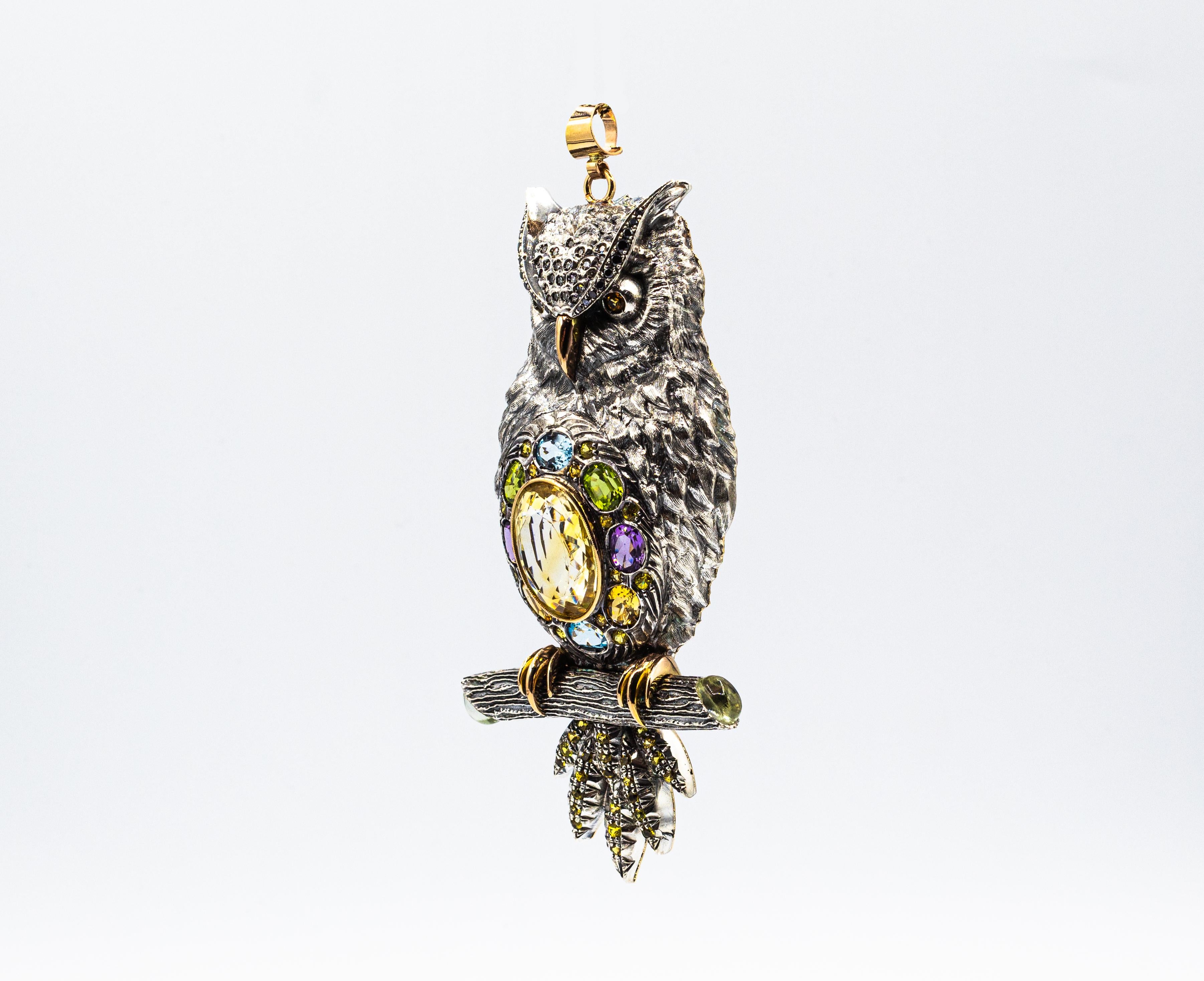 Diamond Sapphire Peridot Tourmaline Aquamarine Yellow Gold Owl Pendant Necklace In New Condition For Sale In Naples, IT