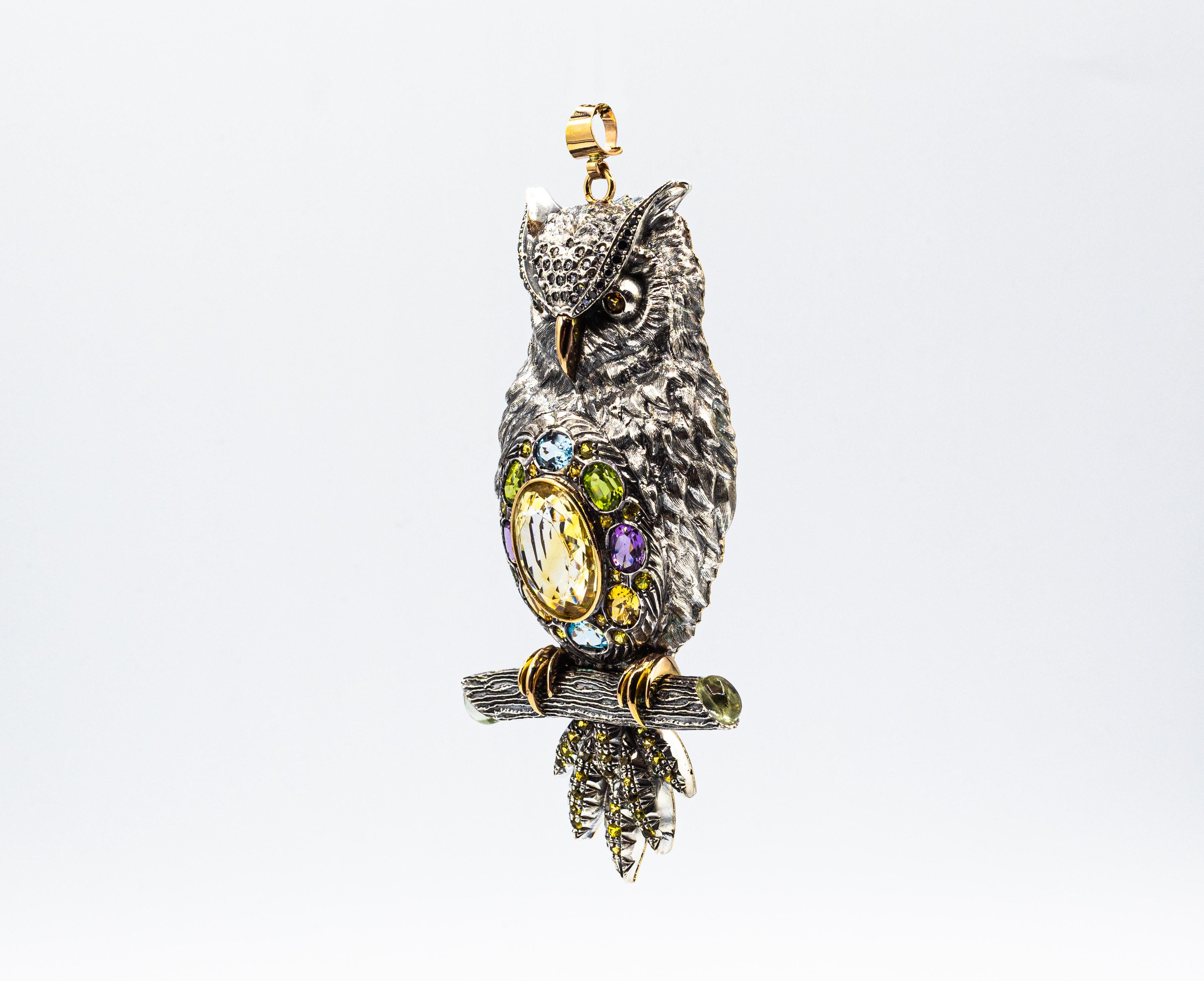 Collar Colgante Búho Oro Amarillo Zafiro Diamante Peridoto Turmalina Aguamarina en Nuevo estado para la venta en Naples, IT