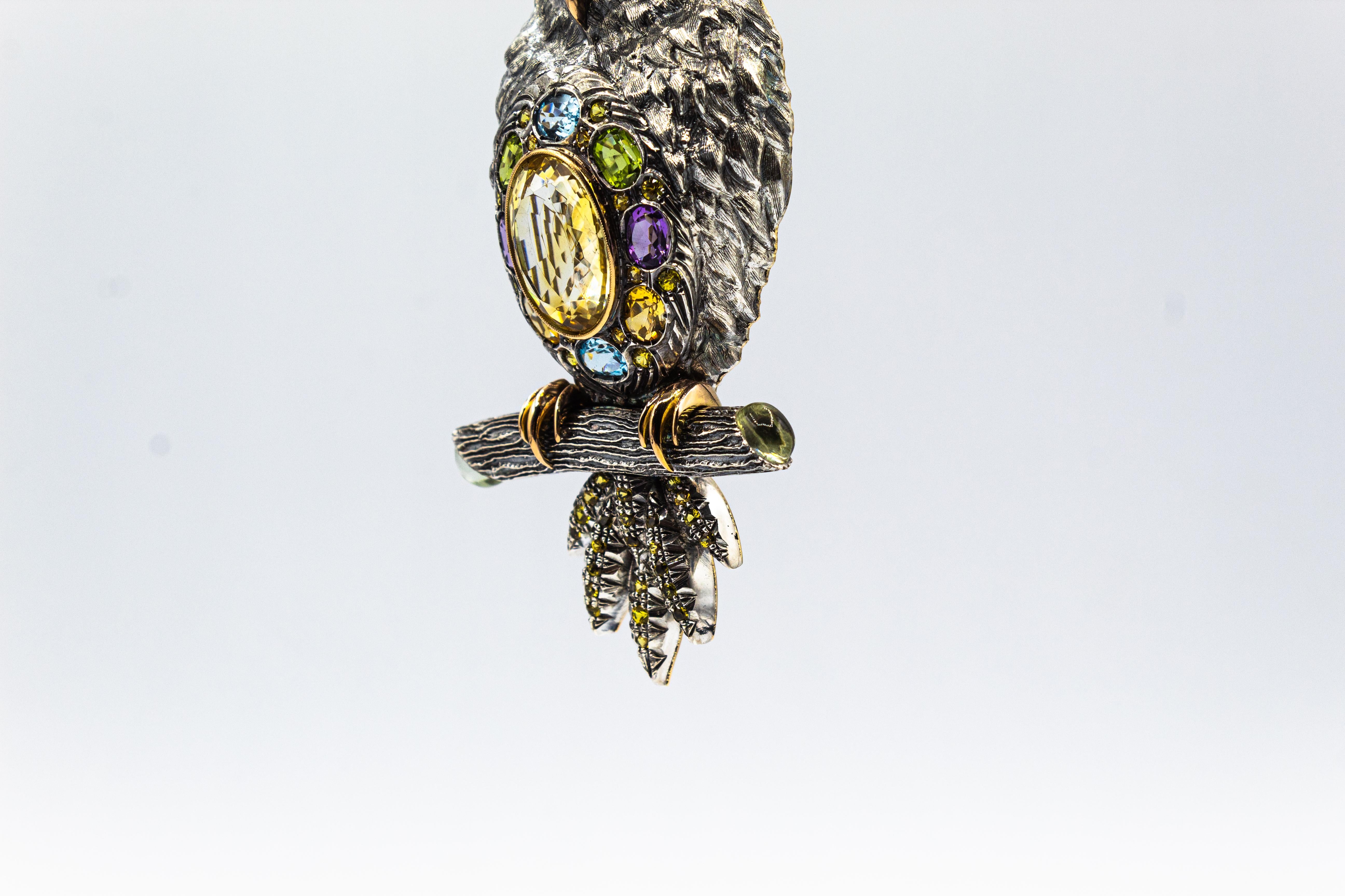 Women's or Men's Diamond Sapphire Peridot Tourmaline Aquamarine Yellow Gold Owl Pendant Necklace For Sale