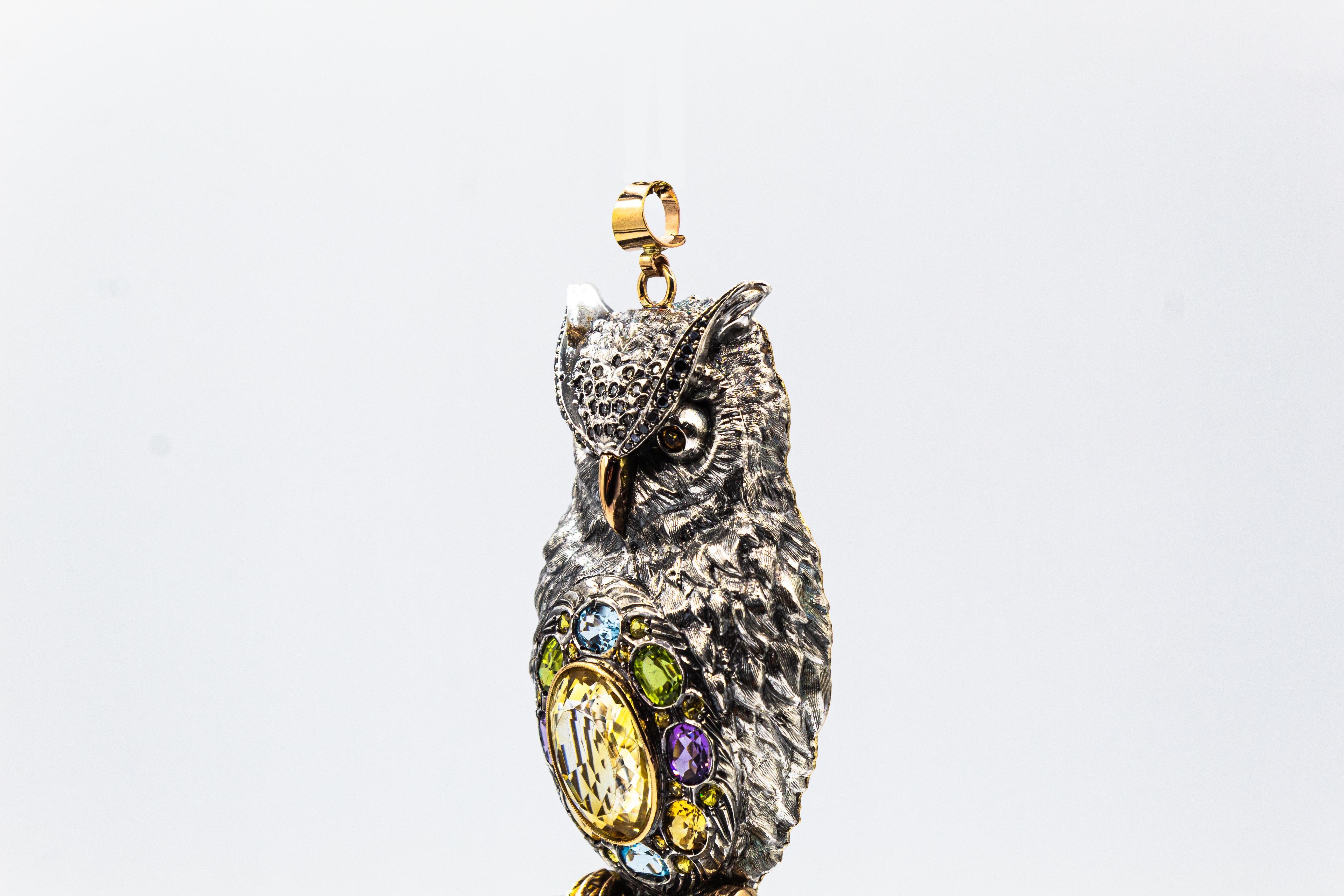 Mixed Cut Diamond Sapphire Peridot Tourmaline Aquamarine Yellow Gold Owl Pendant Necklace