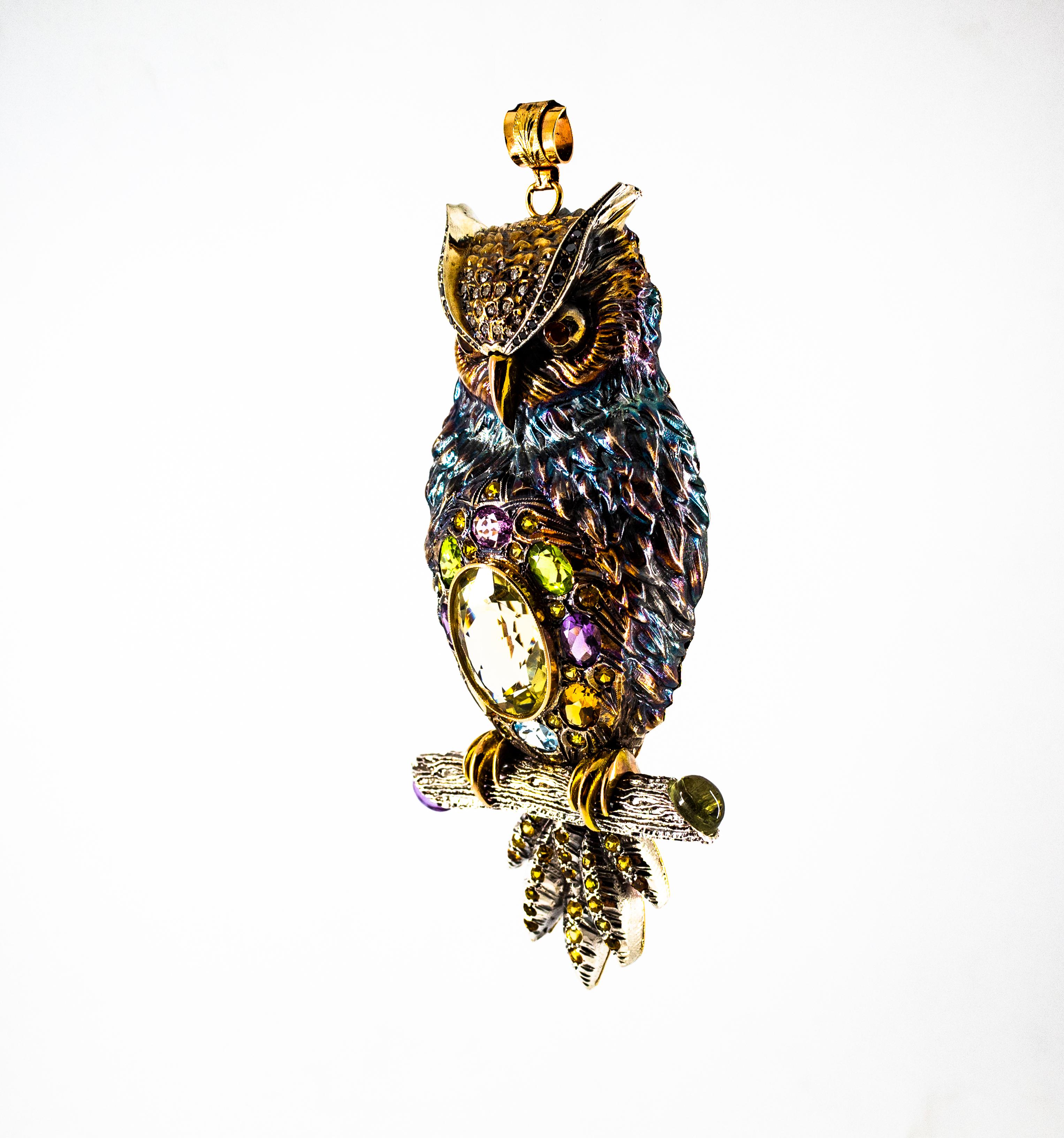 Diamond Sapphire Peridot Tourmaline Aquamarine Yellow Gold Owl Pendant Necklace 2