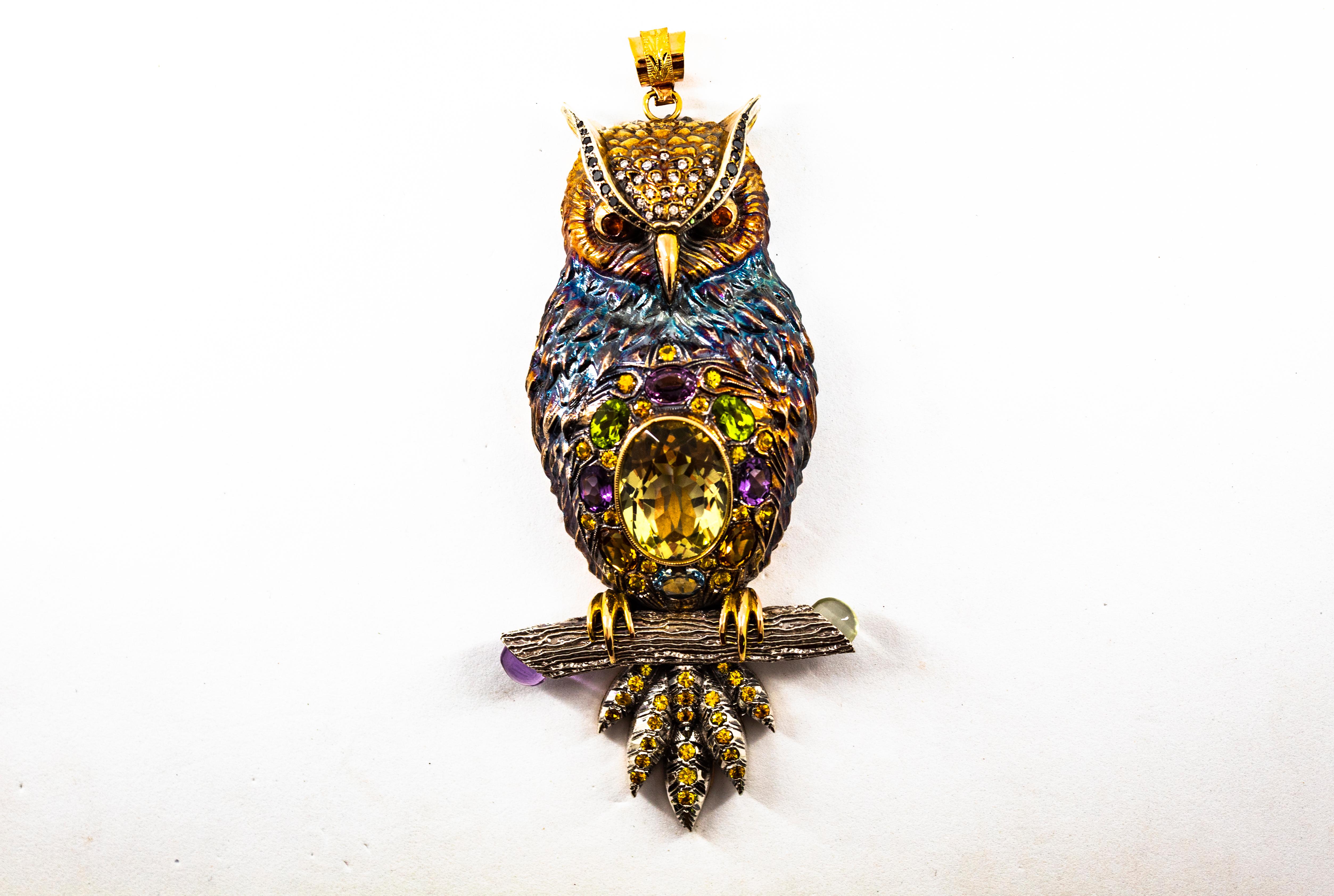Diamond Sapphire Peridot Tourmaline Aquamarine Yellow Gold Owl Pendant Necklace 2