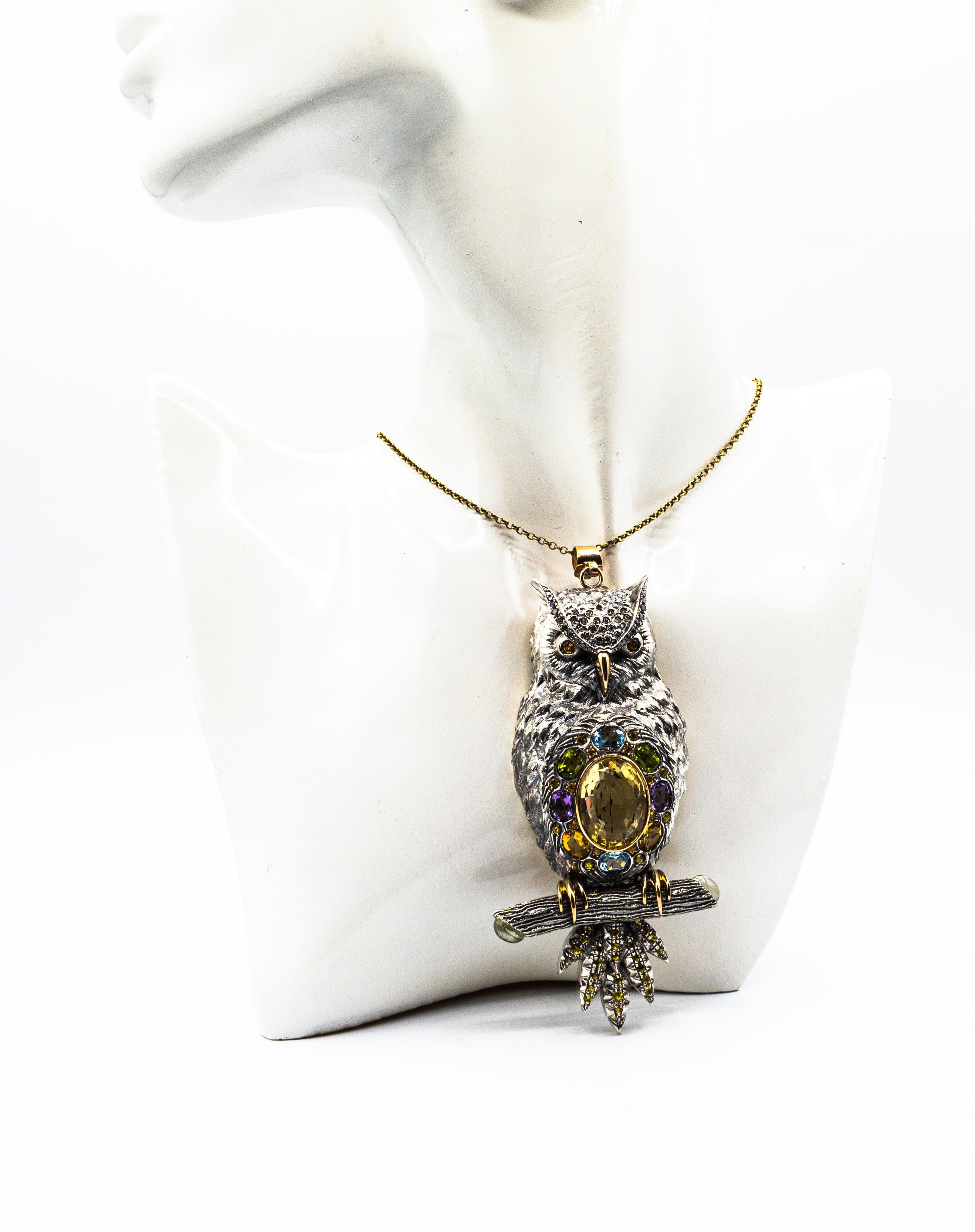 Diamond Sapphire Peridot Tourmaline Aquamarine Yellow Gold Owl Pendant Necklace In New Condition In Naples, IT