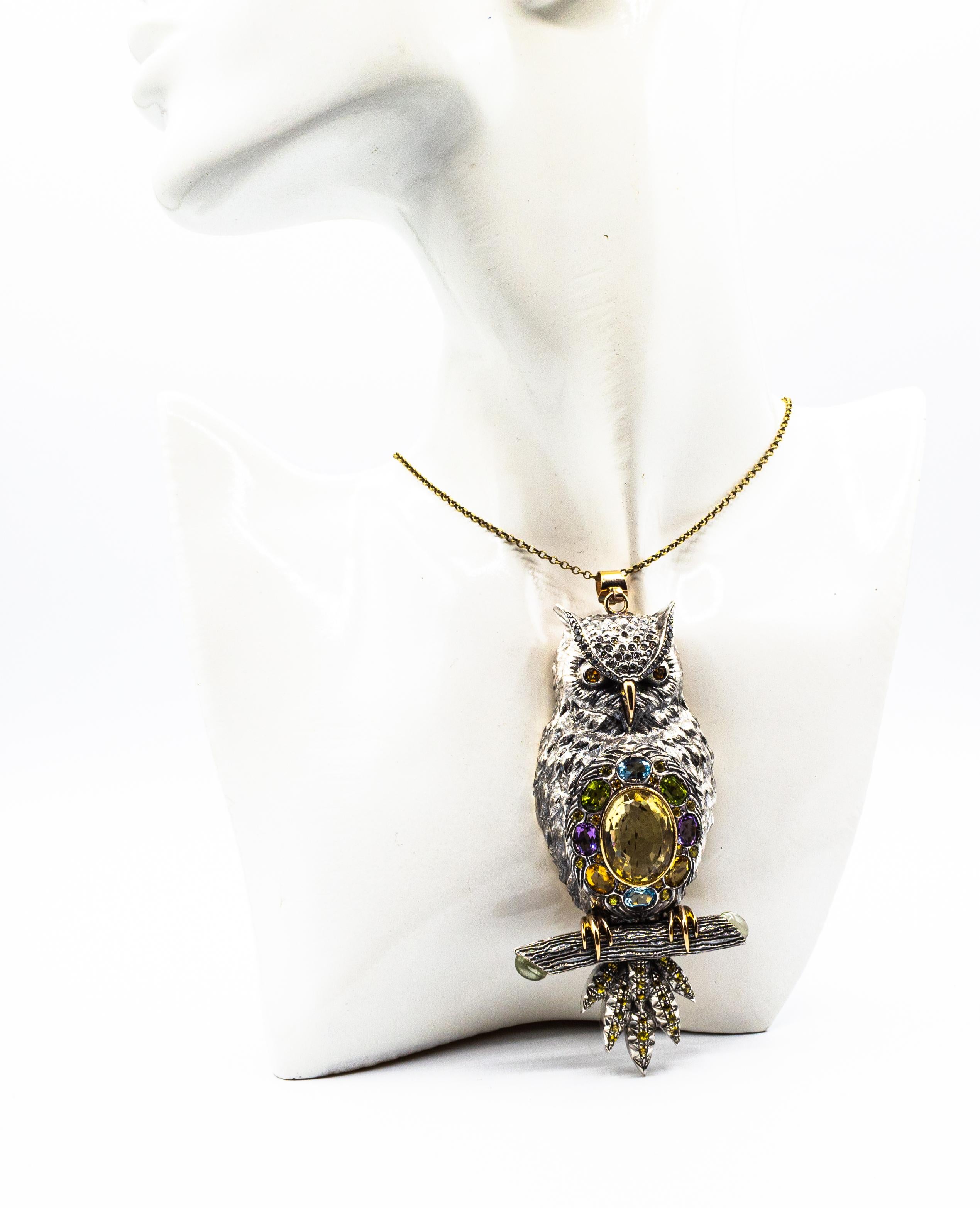 Women's or Men's Diamond Sapphire Peridot Tourmaline Aquamarine Yellow Gold Owl Pendant Necklace