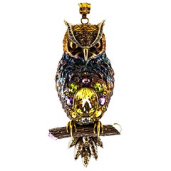 Diamond Sapphire Peridot Tourmaline Aquamarine Yellow Gold Owl Pendant Necklace