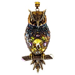 Diamond Sapphire Peridot Tourmaline Aquamarine Yellow Gold Owl Pendant Necklace Diamond Sapphire Peridot Tourmaline Aquamarine Yellow Gold Owl Pendant Necklace