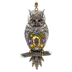 Antique Diamond Sapphire Peridot Tourmaline Aquamarine Yellow Gold Owl Pendant Necklace