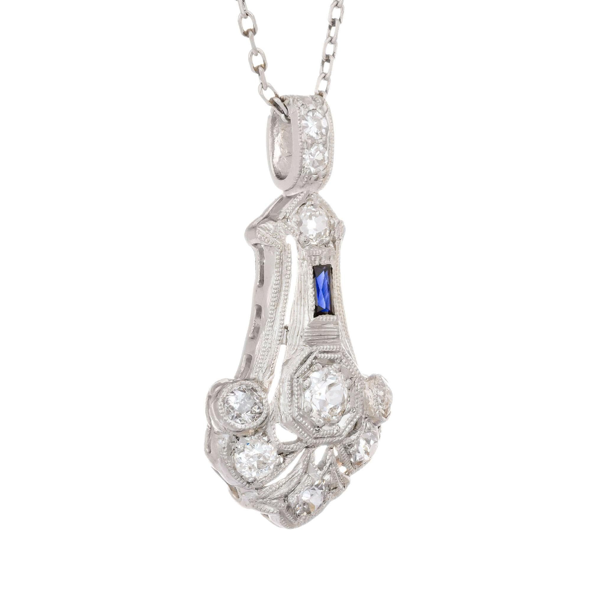 Old Mine Cut Diamond Sapphire Platinum Art Deco Pendant Necklace