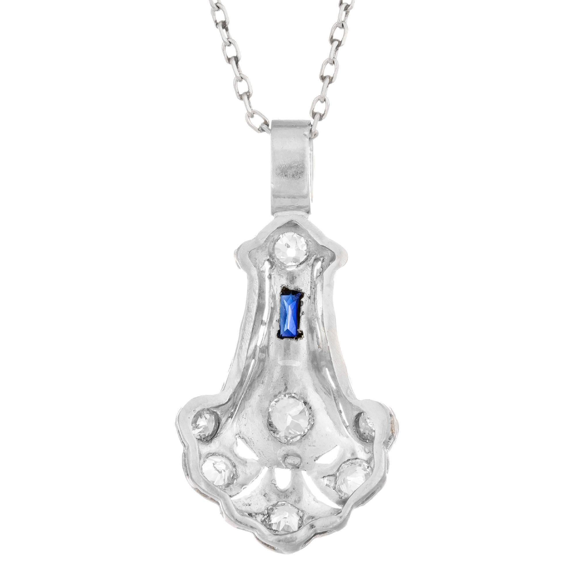Diamond Sapphire Platinum Art Deco Pendant Necklace In Excellent Condition In Stamford, CT