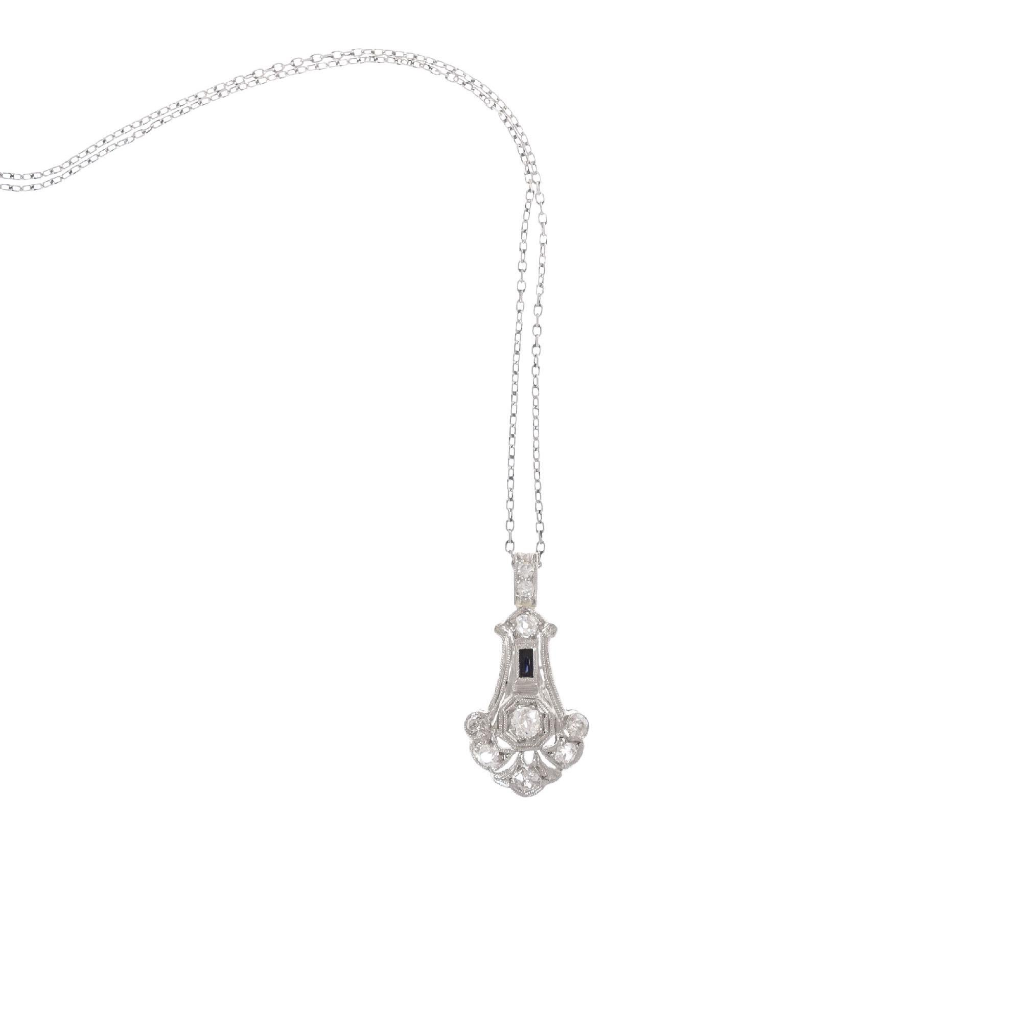 Diamond Sapphire Platinum Art Deco Pendant Necklace 1