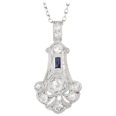 Diamond Sapphire Platinum Art Deco Pendant Necklace
