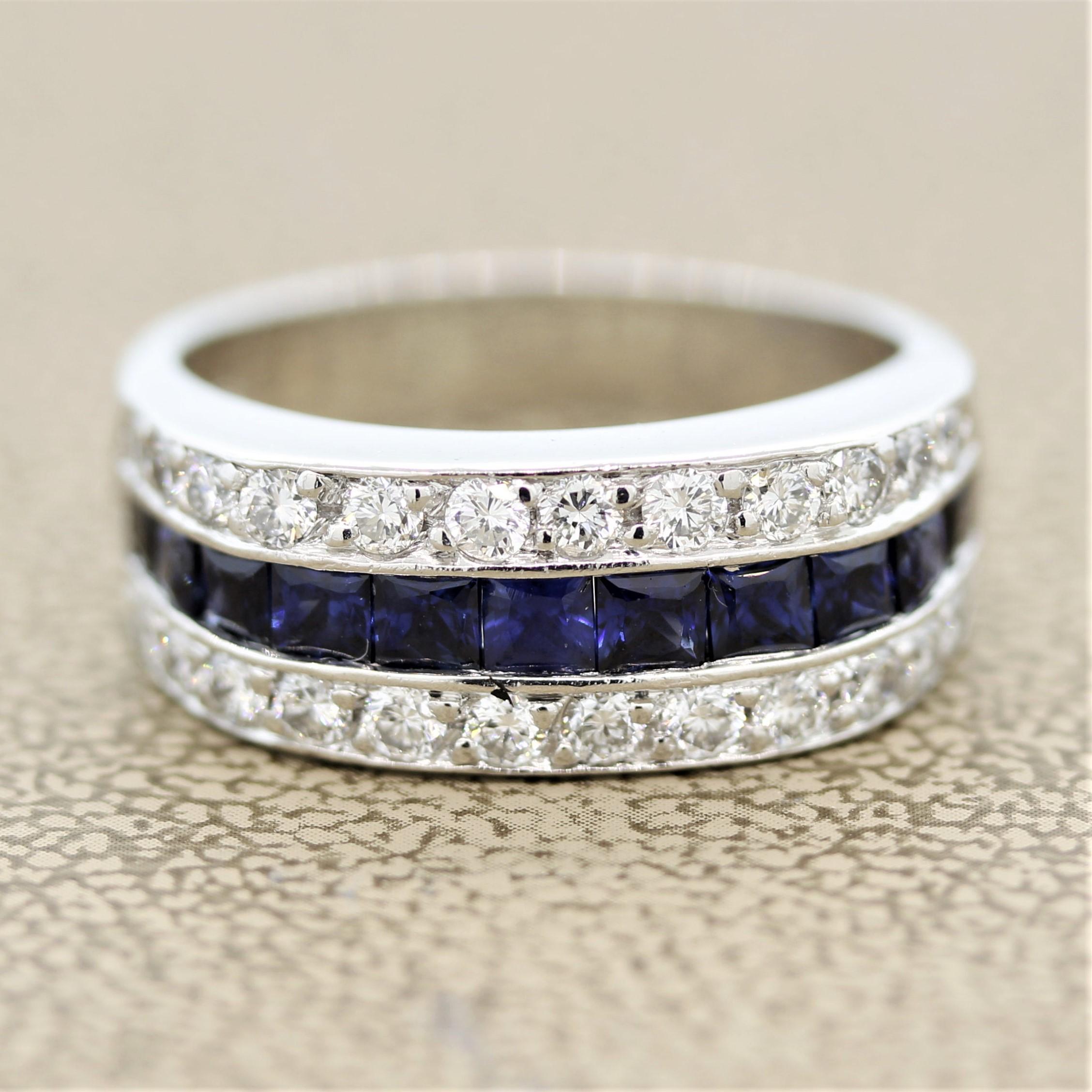 An excellently made ring featuring 0.50 carats of round brilliant cut diamonds. Additionally there are 1.00 carat of calibre-cut blue sapphires that are channel set between the diamonds. Made in platinum and ready to be worn.

Ring Size 6.5