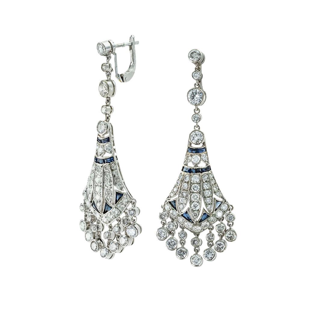 Art Deco Diamond Sapphire Platinum Chandelier Earrings