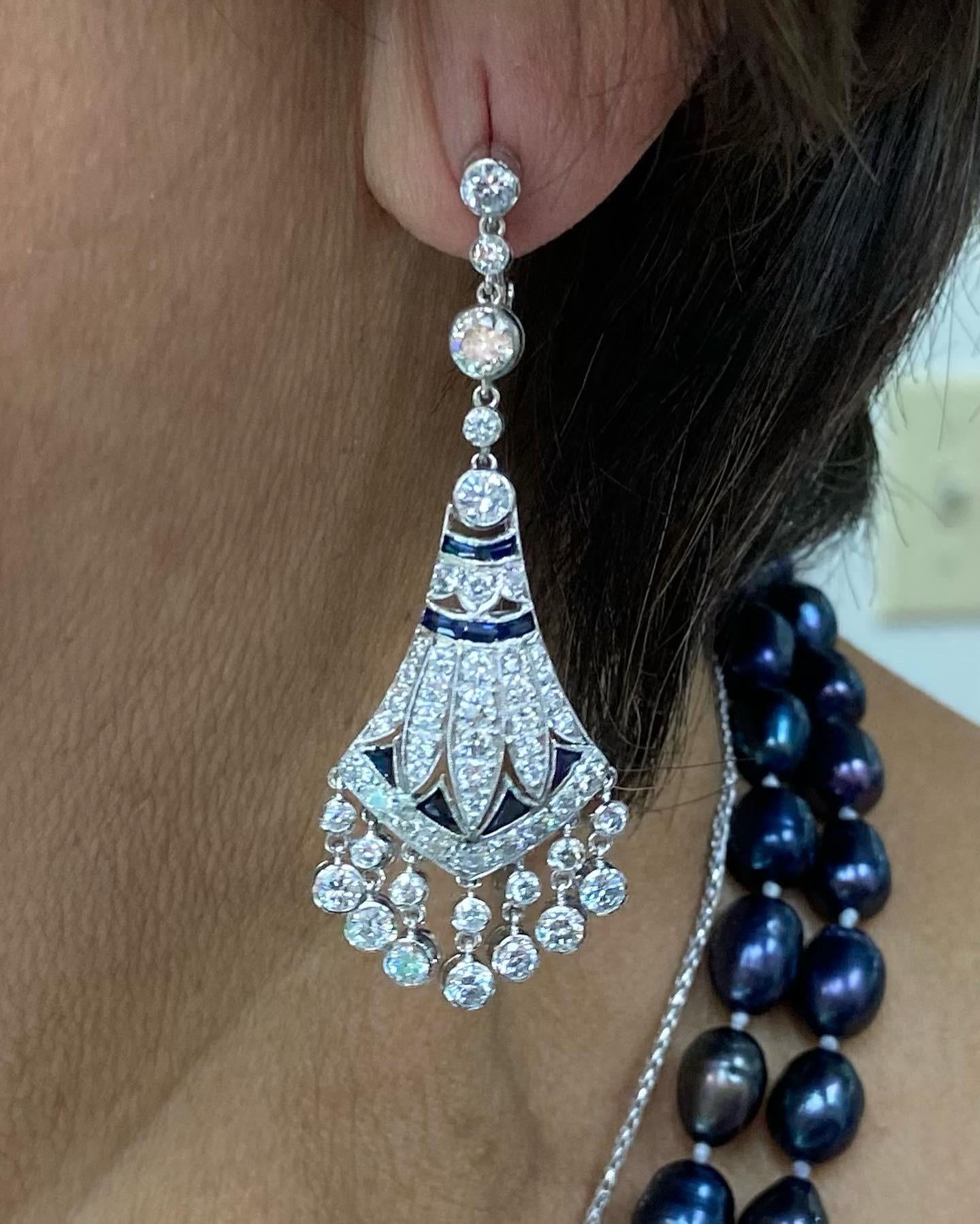 Round Cut Diamond Sapphire Platinum Chandelier Earrings