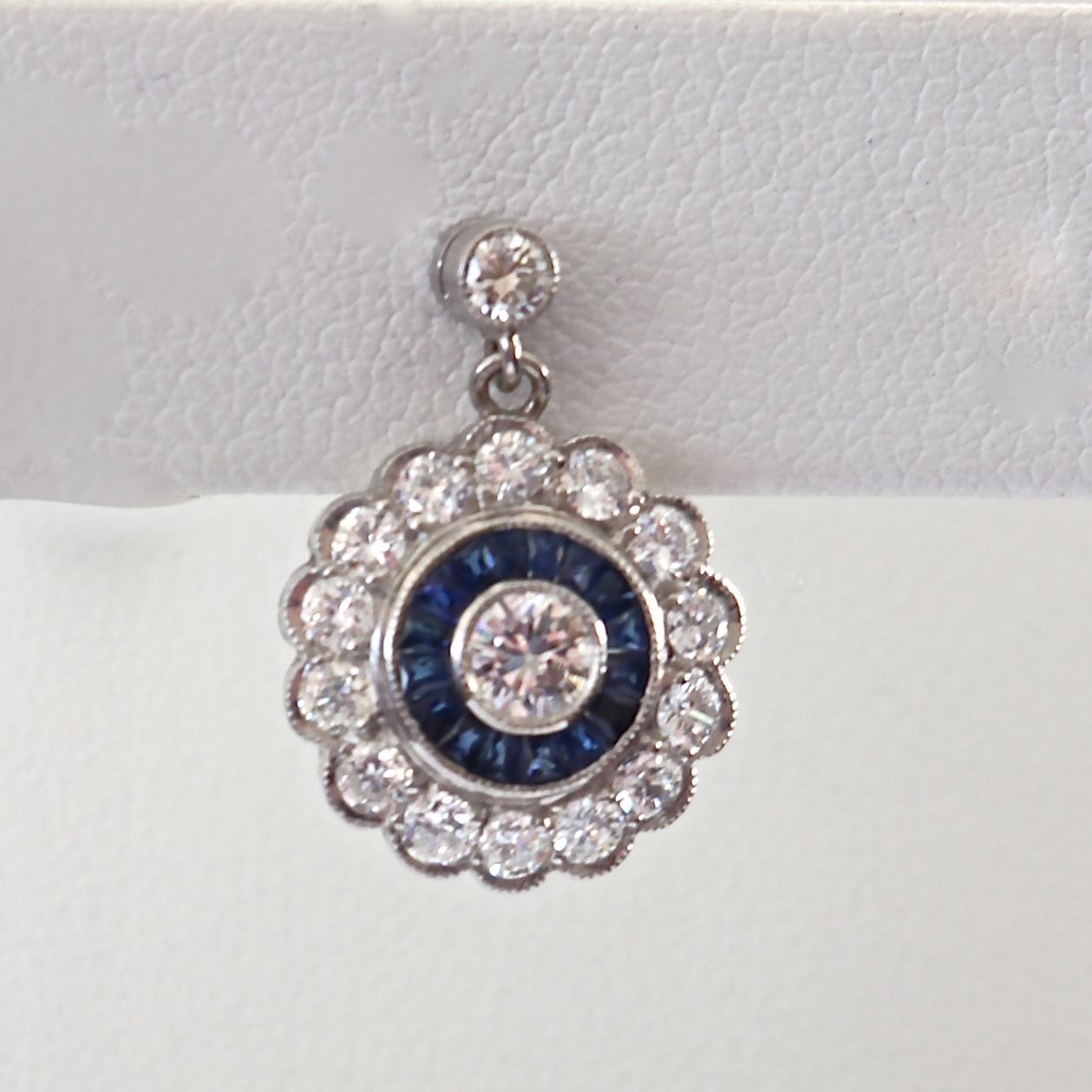 Art Deco Diamond Sapphire Platinum Cluster Earrings