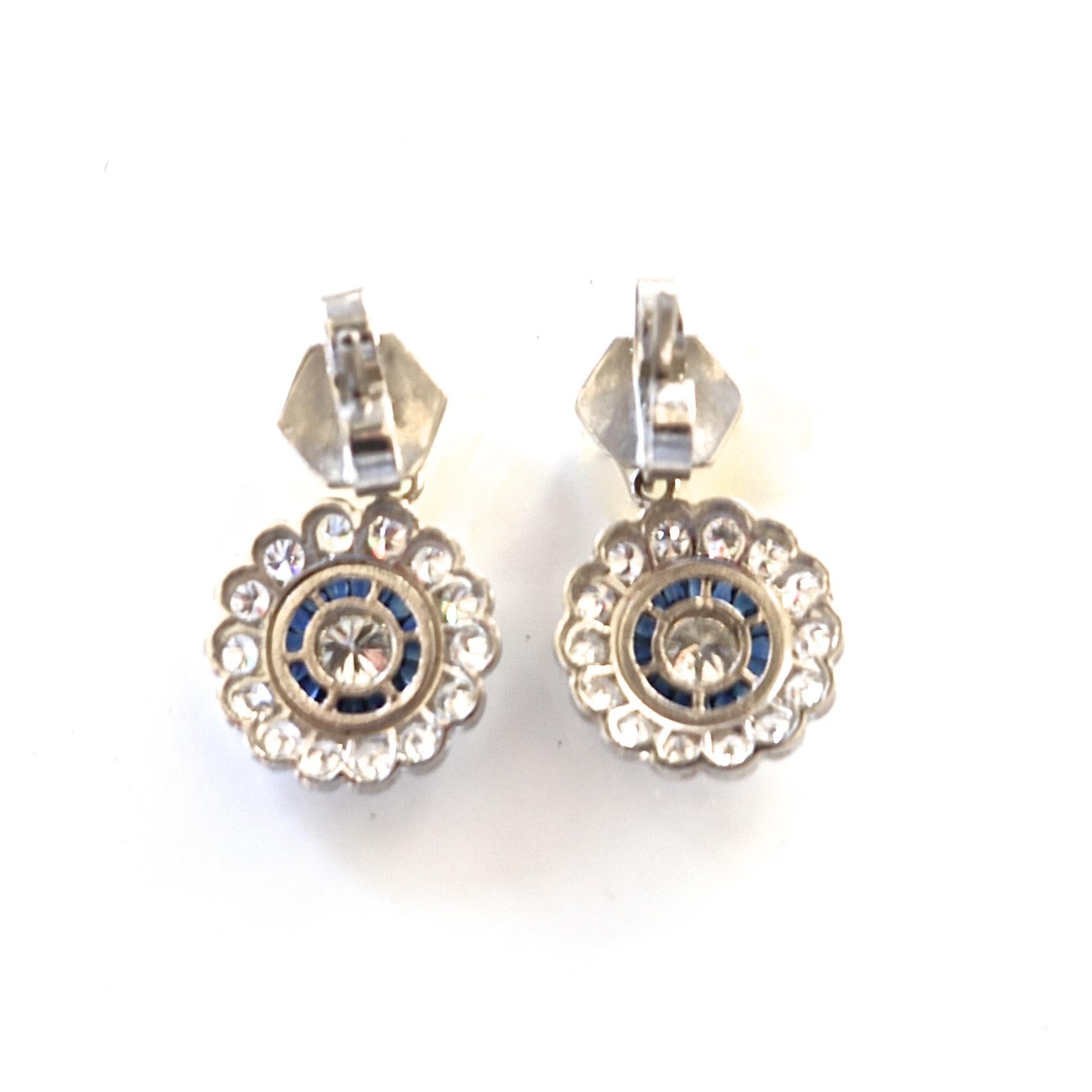 Diamond Sapphire Platinum Cluster Earrings In Excellent Condition In Beverly Hills, CA