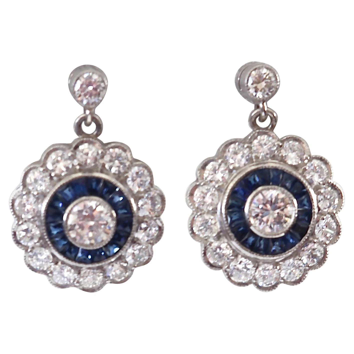 Diamond Sapphire Platinum Cluster Earrings