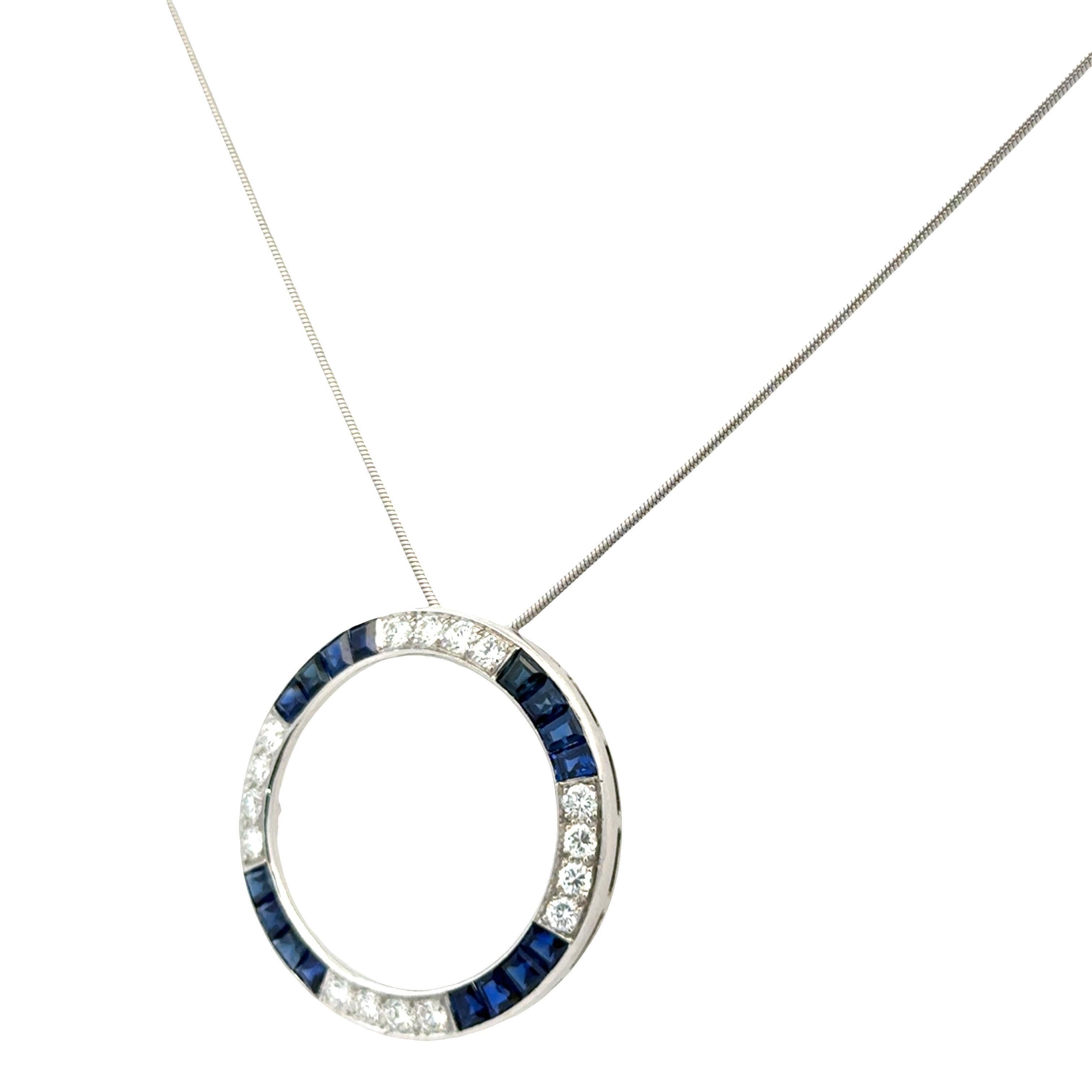 Diamant Saphir Platin Open Circle Vintage Anhänger Halskette (Zeitgenössisch) im Angebot