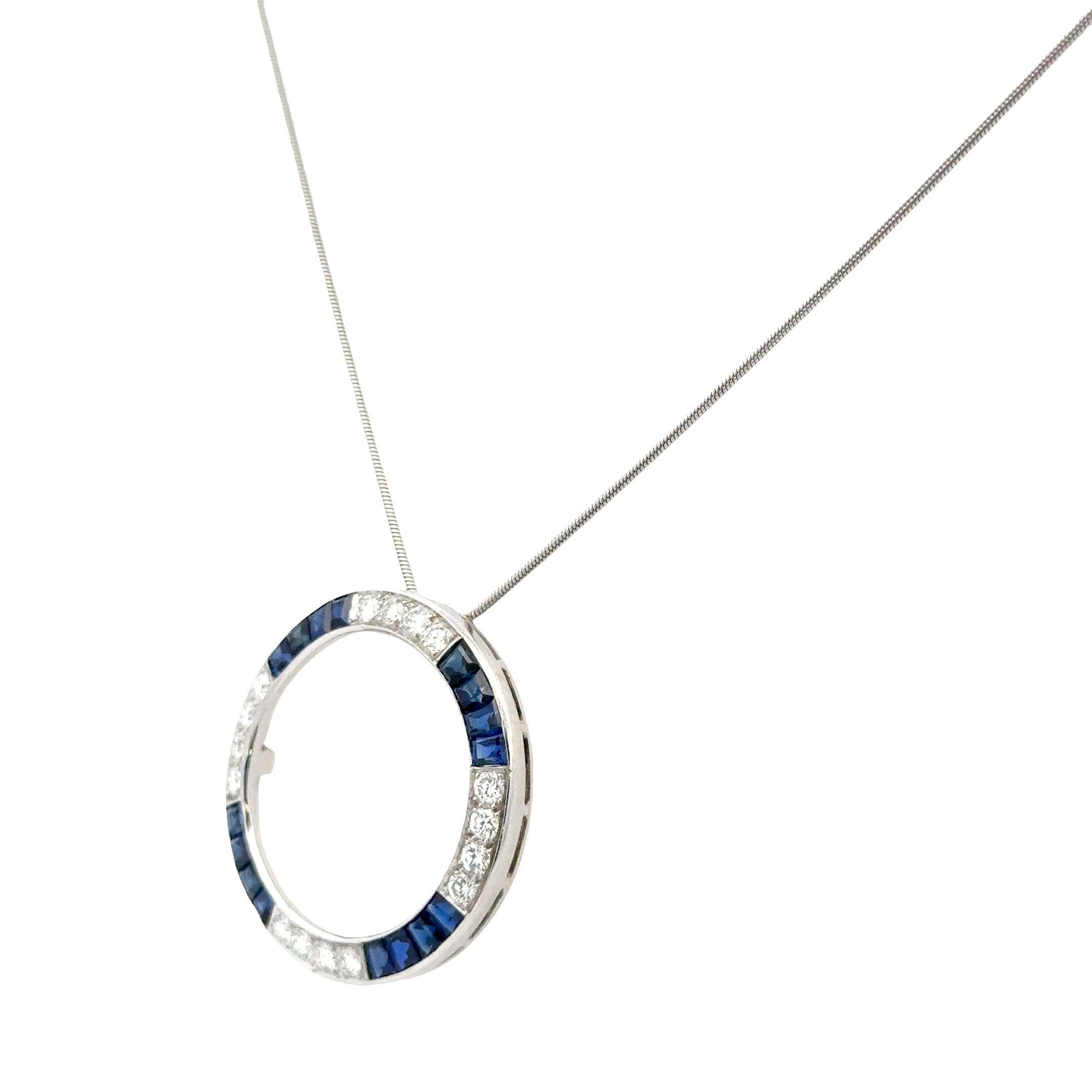 Diamant Saphir Platin Open Circle Vintage Anhänger Halskette (Rundschliff) im Angebot