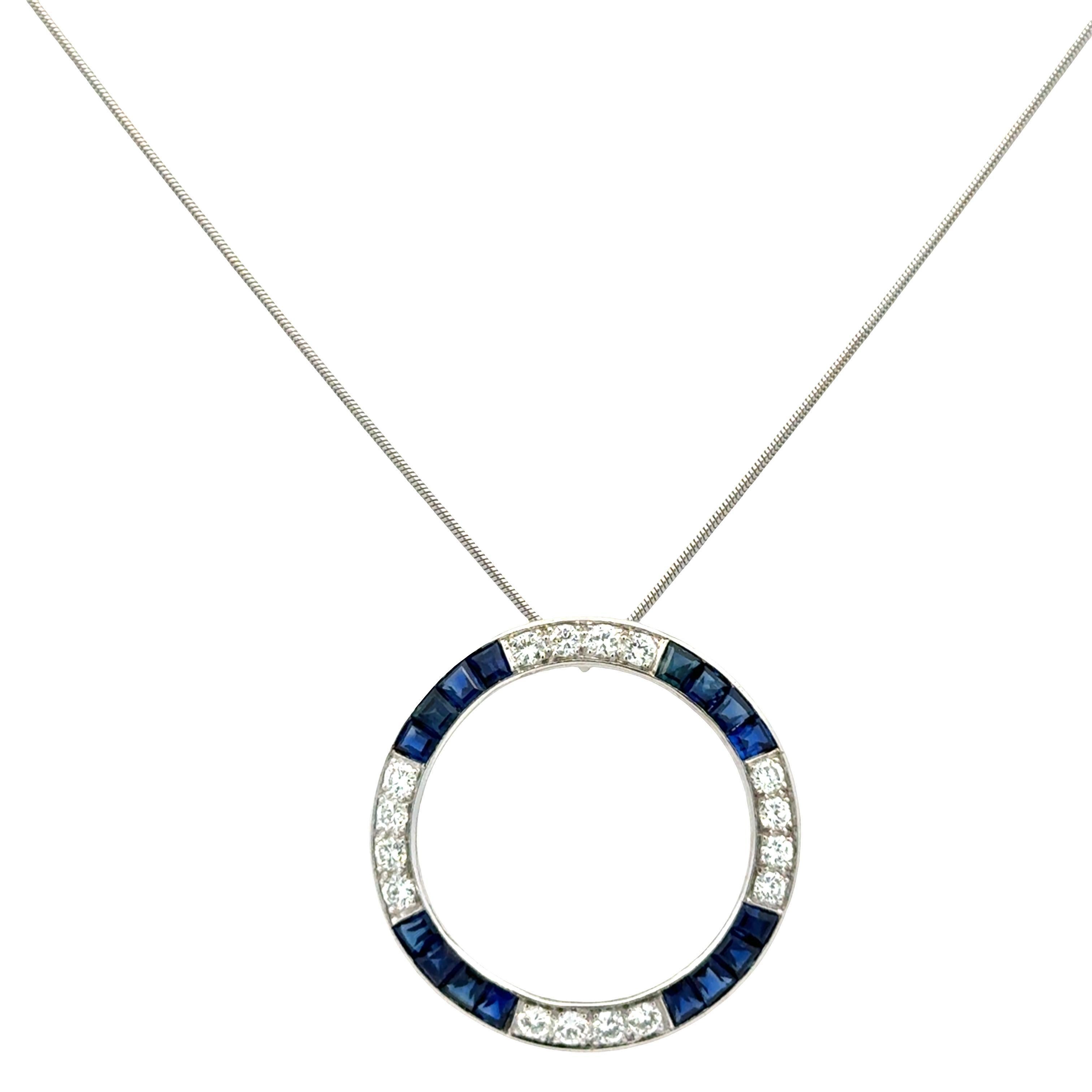 Diamant Saphir Platin Open Circle Vintage Anhänger Halskette im Zustand „Hervorragend“ im Angebot in Boca Raton, FL