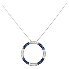 Diamant Saphir Platin Open Circle Vintage Anhänger Halskette