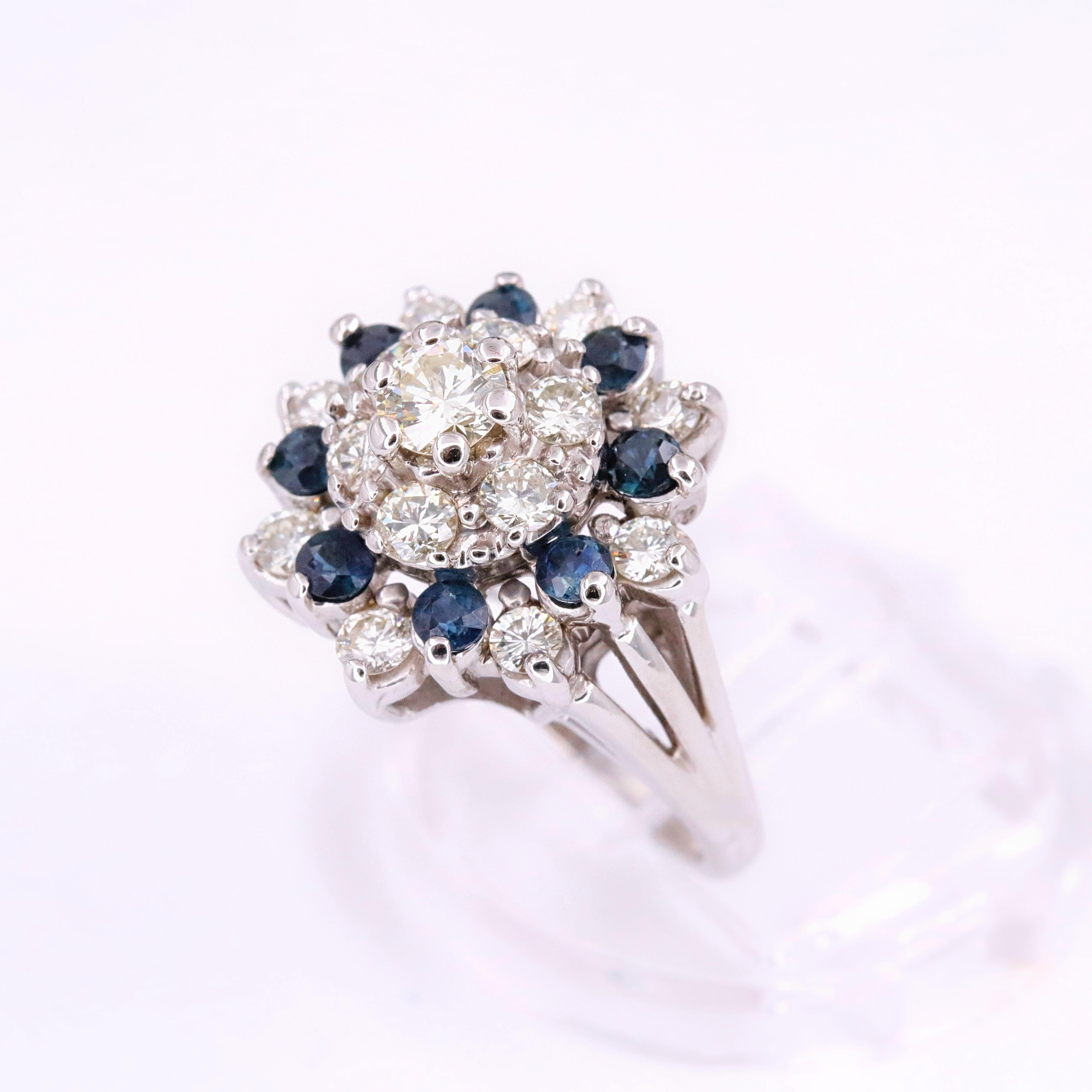 Round Cut Diamond and Sapphire Princess Style Cocktail Ring 14 Karat White Gold For Sale