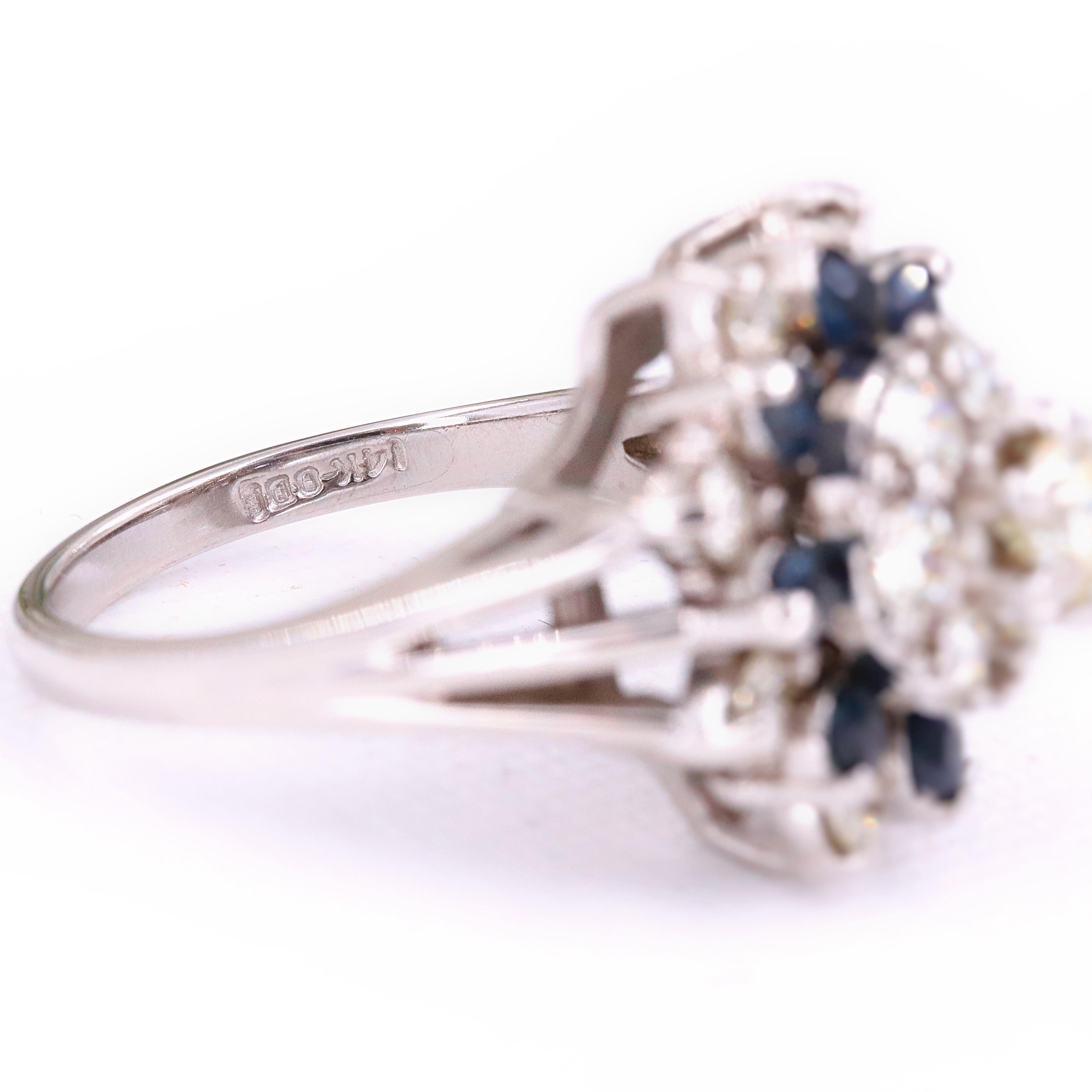 Diamond and Sapphire Princess Style Cocktail Ring 14 Karat White Gold In Excellent Condition For Sale In San Diego, CA