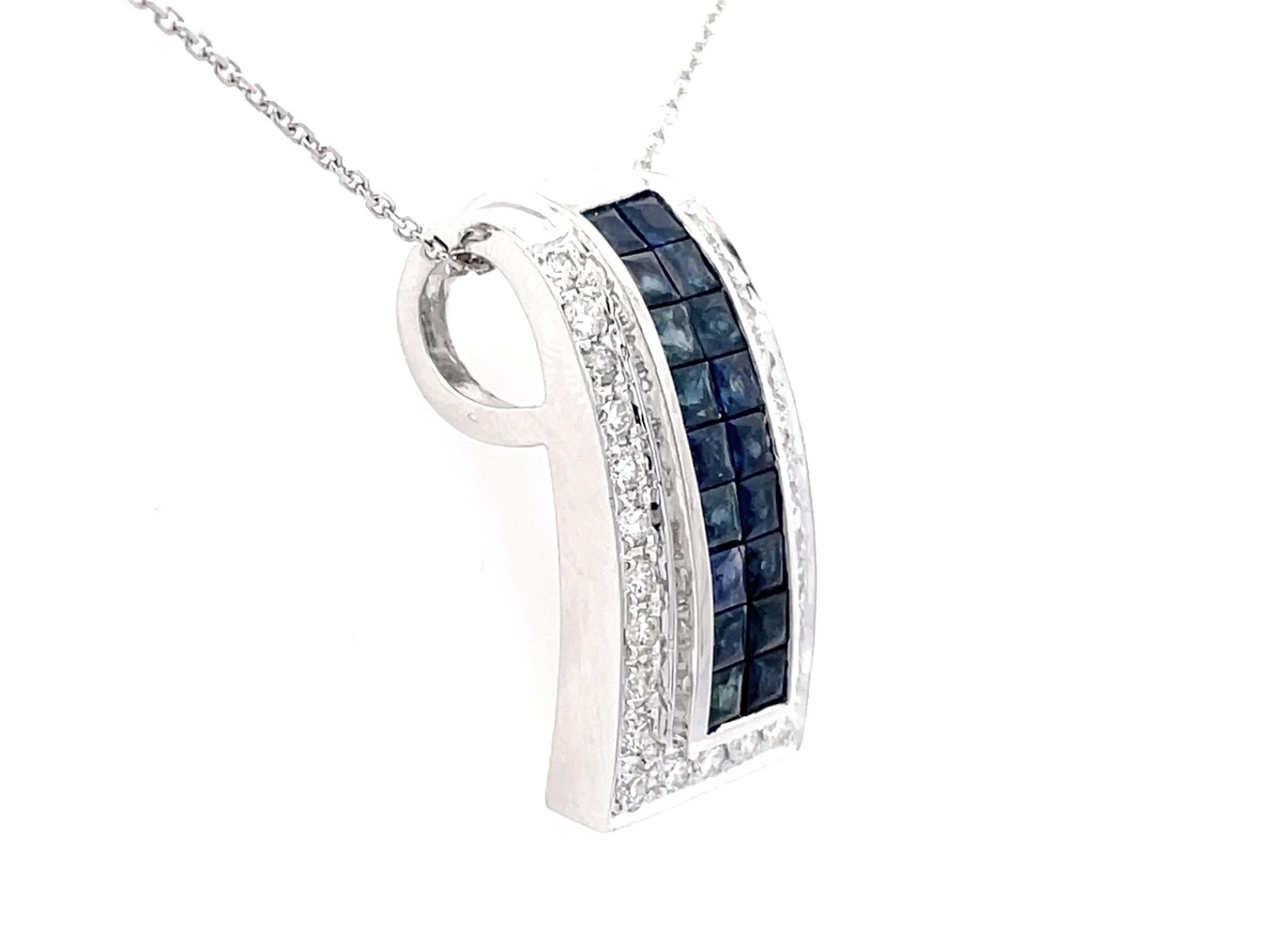 Brilliant Cut Diamond Sapphire Rectangular Pendant and Chain in 18k White Gold For Sale
