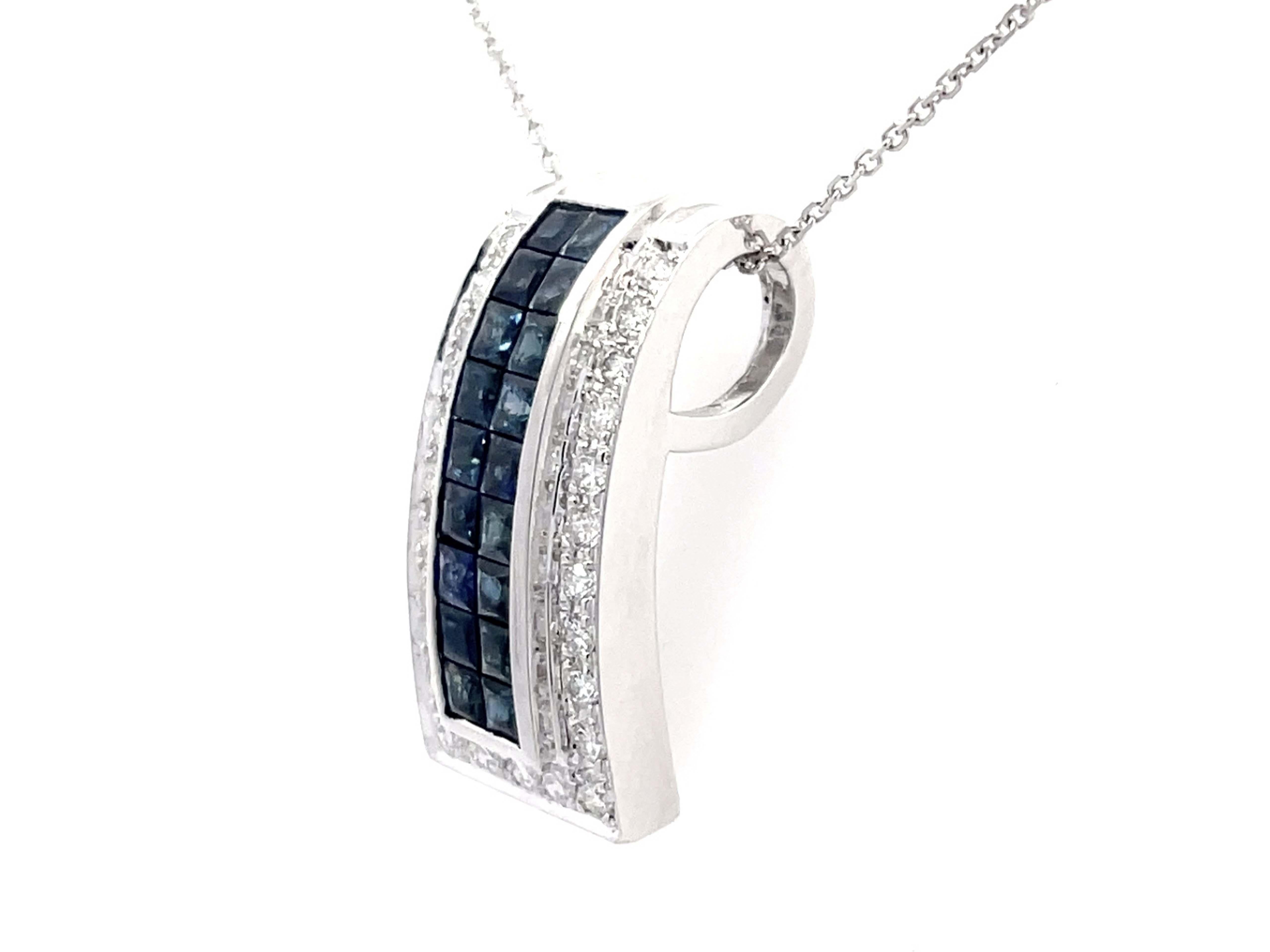 Diamond Sapphire Rectangular Pendant and Chain in 18k White Gold In Excellent Condition For Sale In Honolulu, HI
