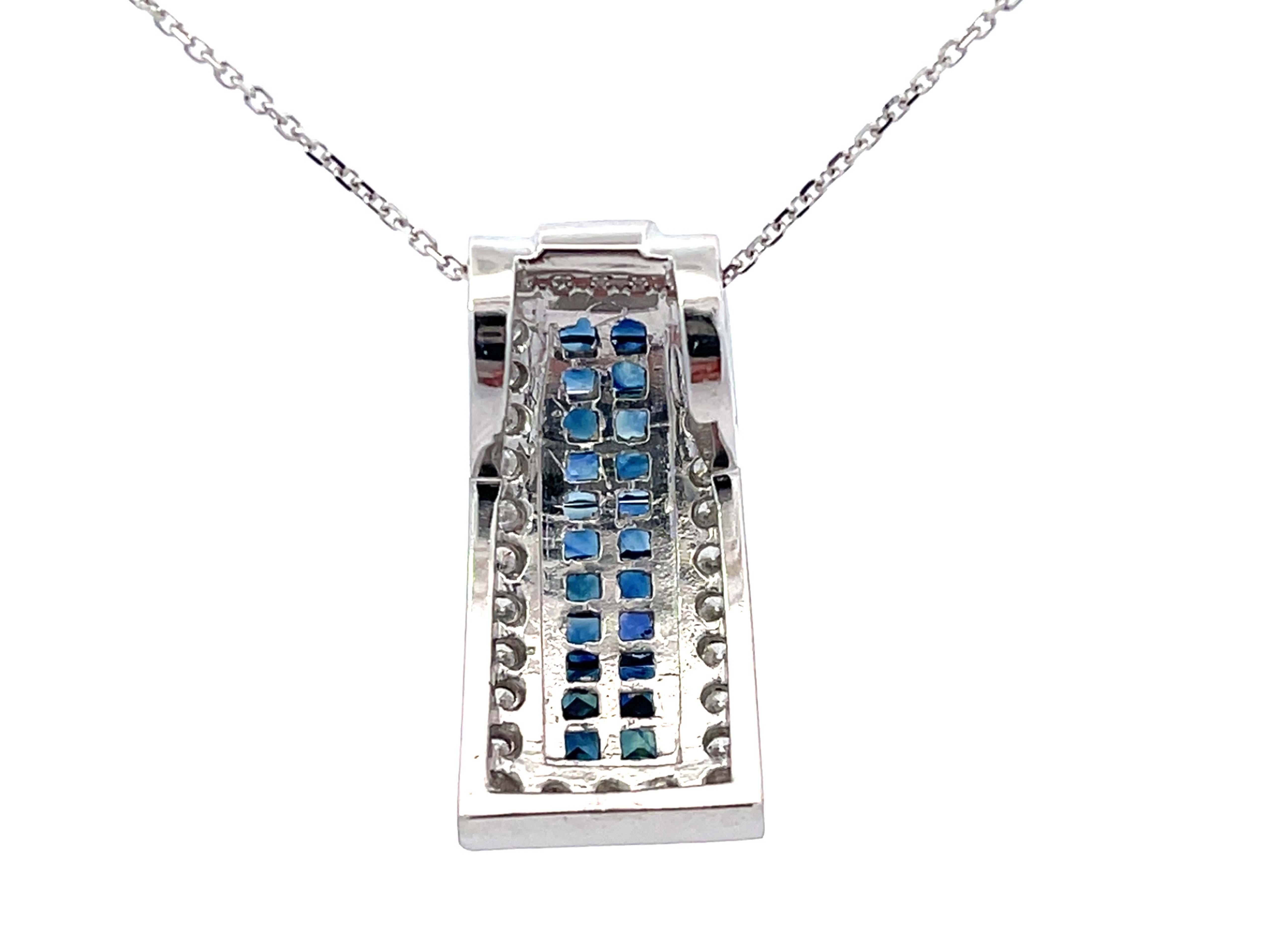 Diamond Sapphire Rectangular Pendant and Chain in 18k White Gold For Sale 2