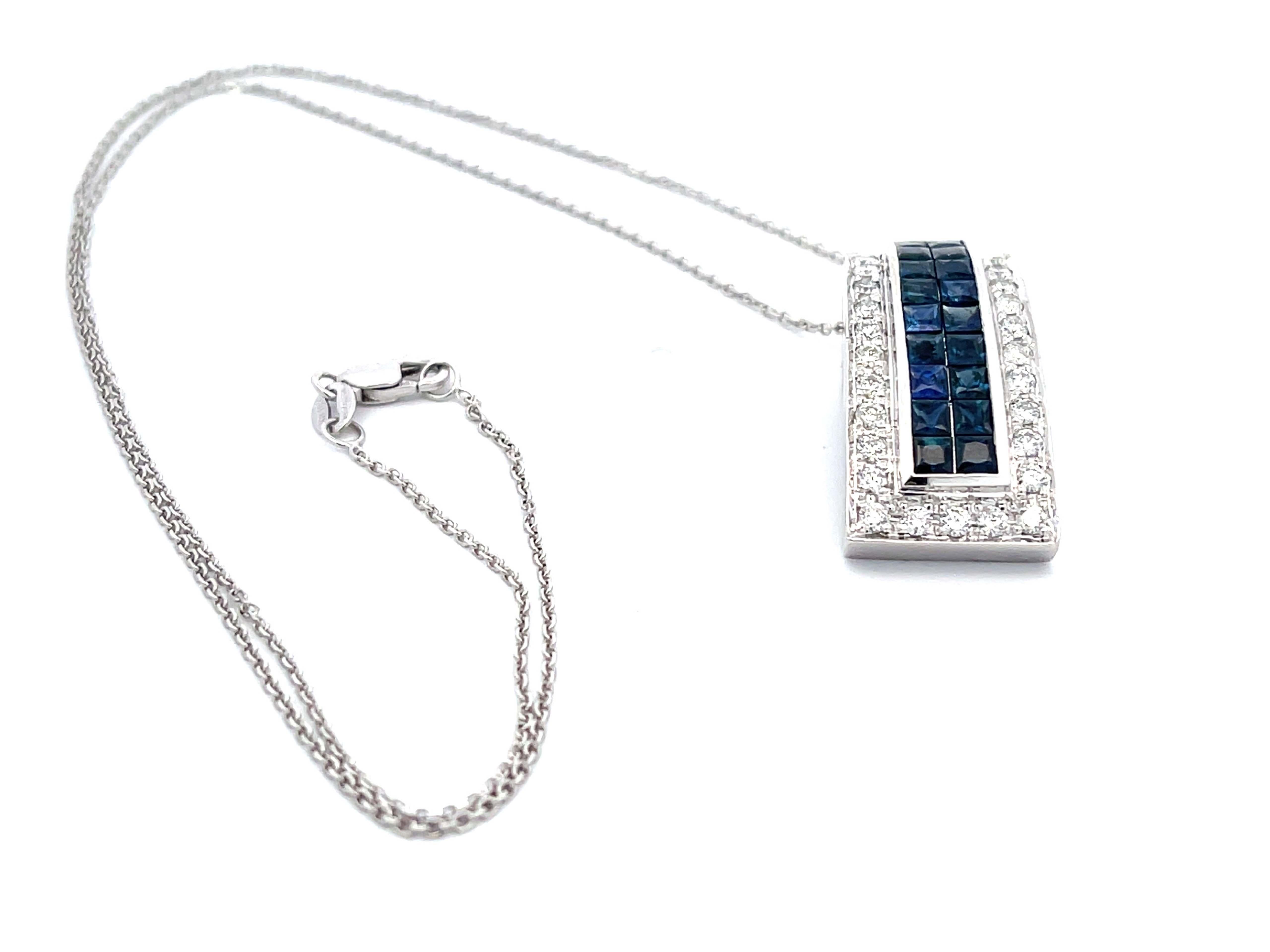 Diamond Sapphire Rectangular Pendant and Chain in 18k White Gold For Sale 3