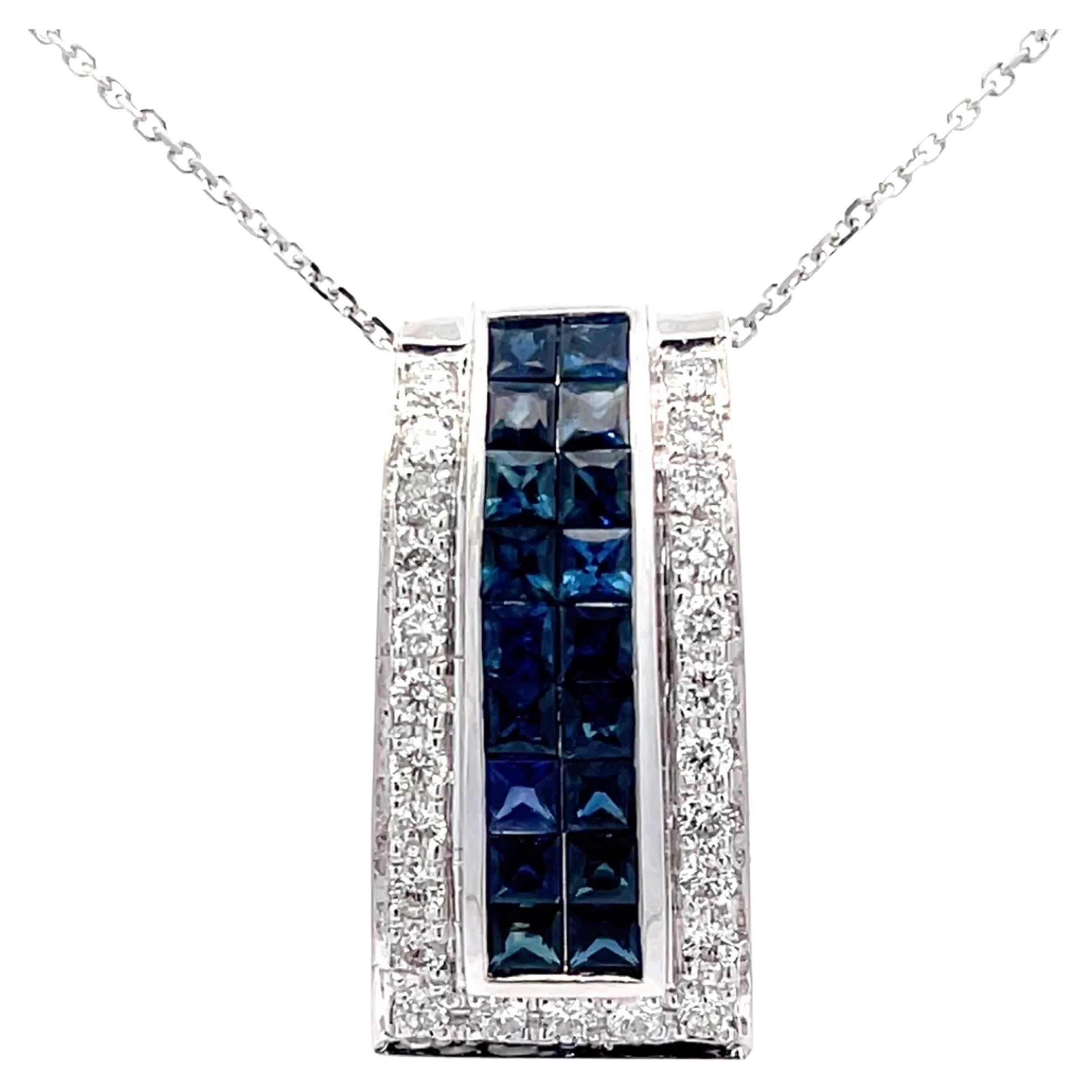 Diamond Sapphire Rectangular Pendant and Chain in 18k White Gold For Sale