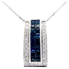 Diamond Sapphire Rectangular Pendant and Chain in 18k White Gold