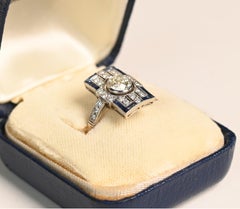 Elongated Platinum Ring. 0.60ct Old Euro Diamond Sapphire Engagement Ring K VS2