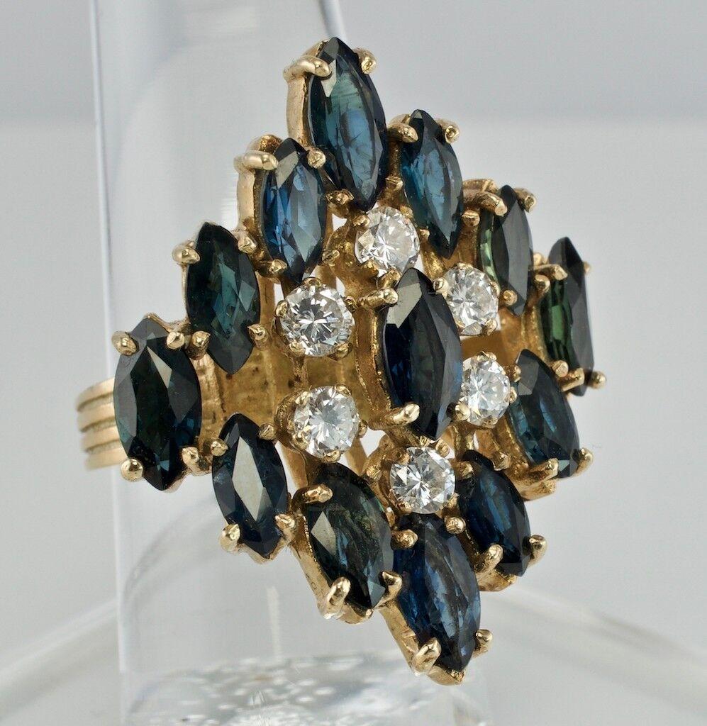 Diamant-Saphir-Ring 14K Gold Cocktail Floral (Marquiseschliff) im Angebot