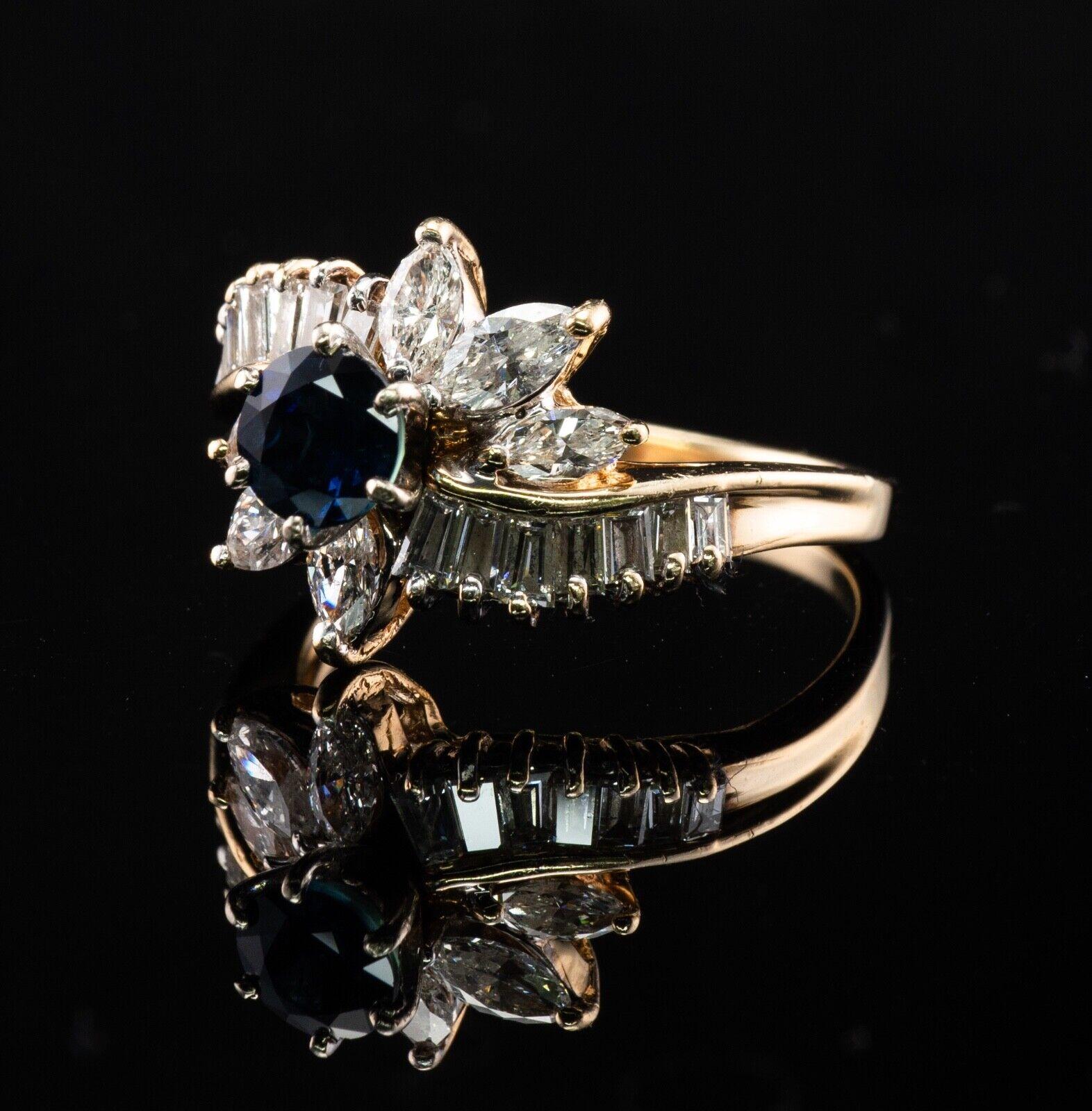 Round Cut Diamond Sapphire Ring 14K Gold Flower Estate For Sale