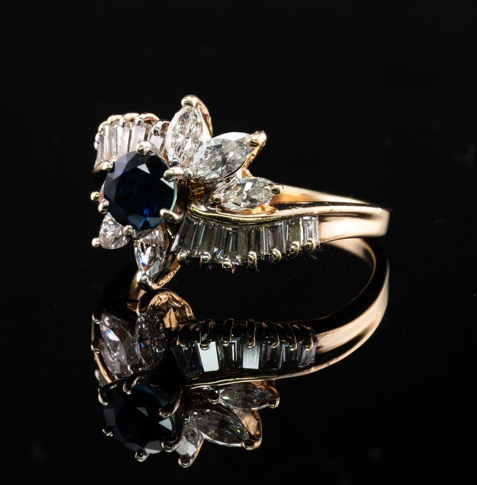 Anillo Zafiro Diamante Oro 14K Flor Estate en venta 1