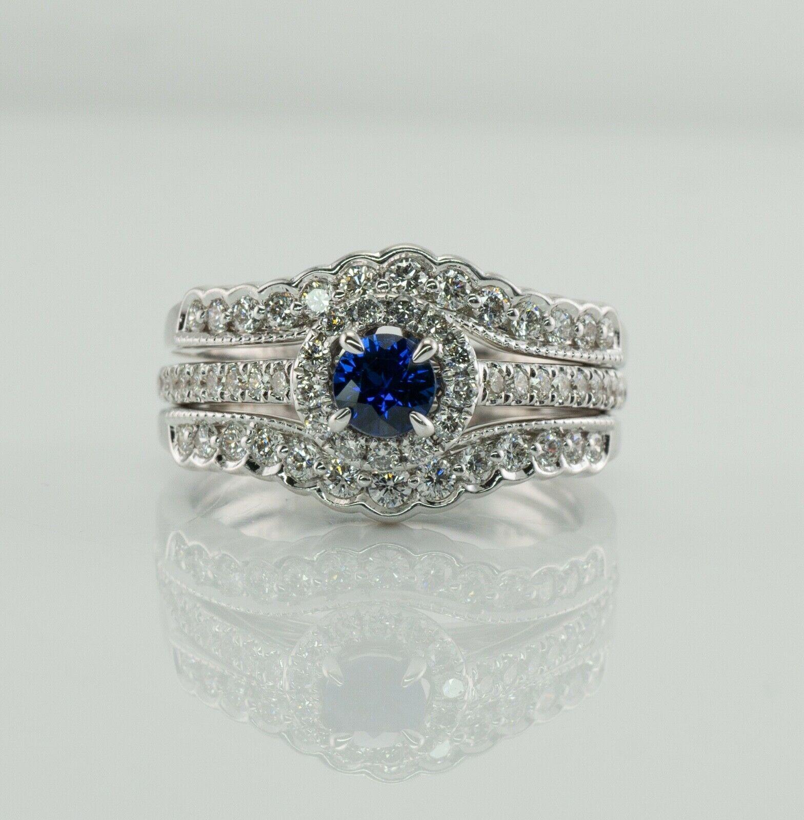 This estate ring is crafted in solid 14K White Gold.
The center natural Earth mined round Sapphire is 4mm (.34 carat).
This is a very clean and transparent gem of great intensity and strong brilliance. 
The center stone is surrounded with 13 round