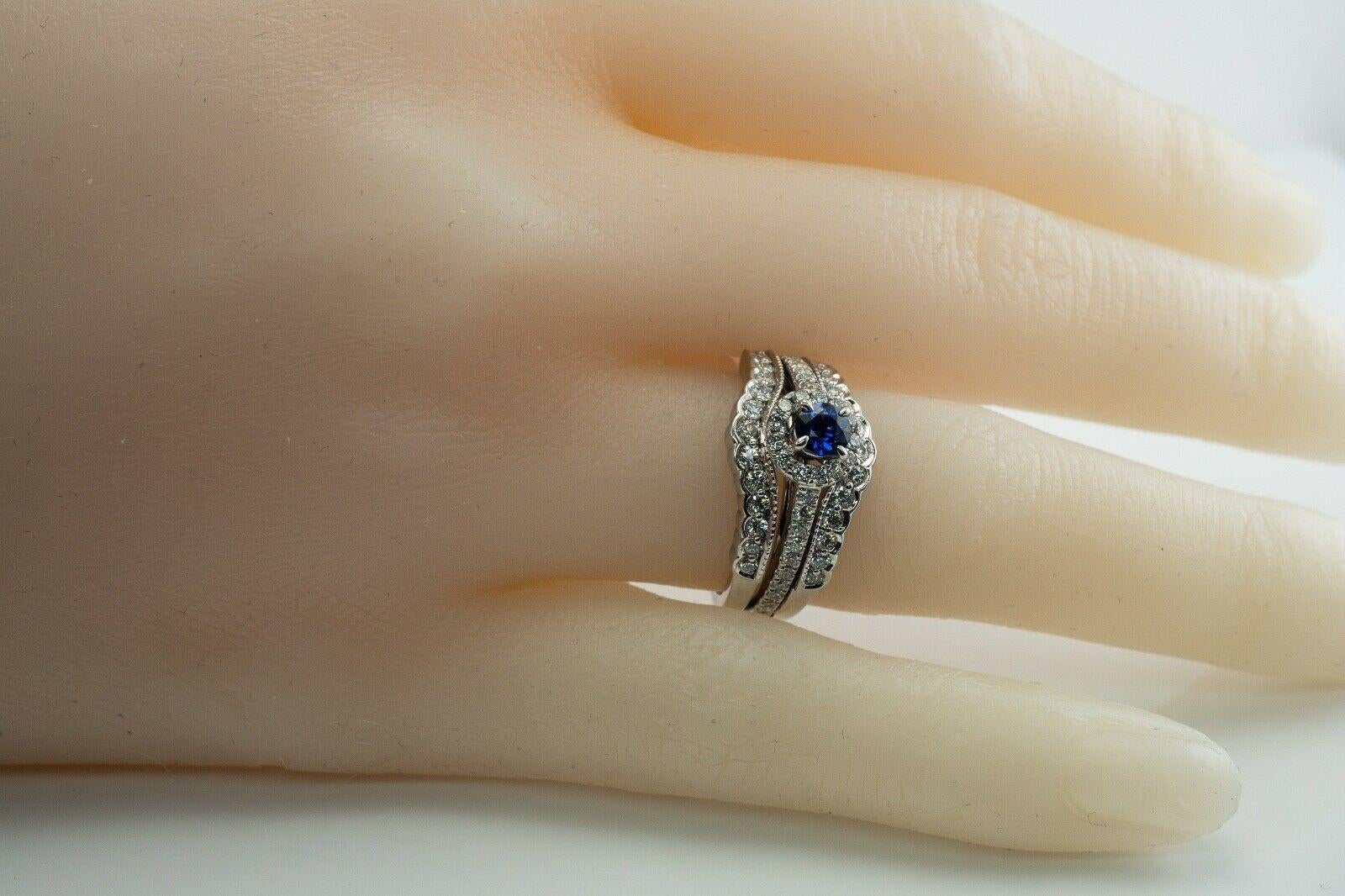 Diamond Sapphire Ring 14K White Gold Band Set Engagement Wedding For Sale 3