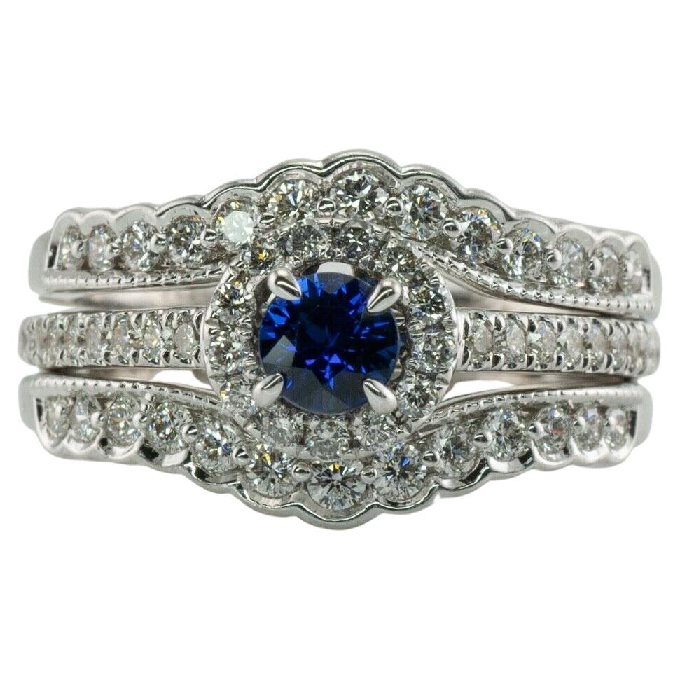 Diamond Sapphire Ring 14K White Gold Band Set Engagement Wedding For Sale